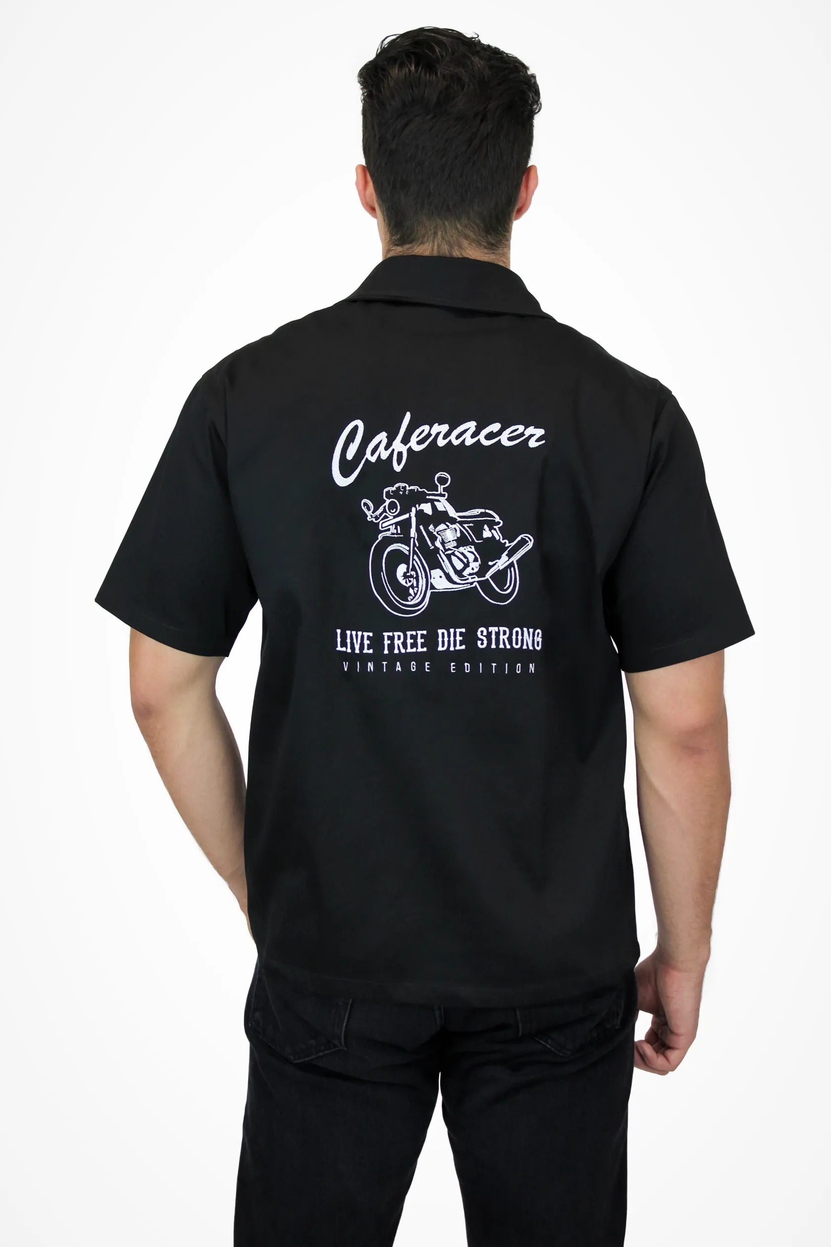 Men's Black Caferacer Vintage Edition Embroidered Short-Sleeve Top