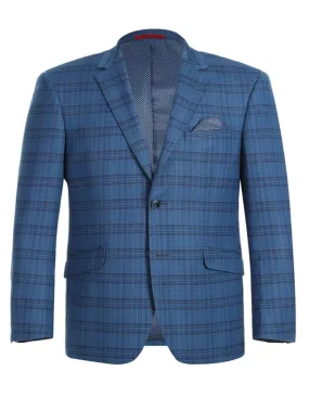 Mens Two Button Slim Fit Sport Coat Indigo Blue Windowpane Plaid Blazer