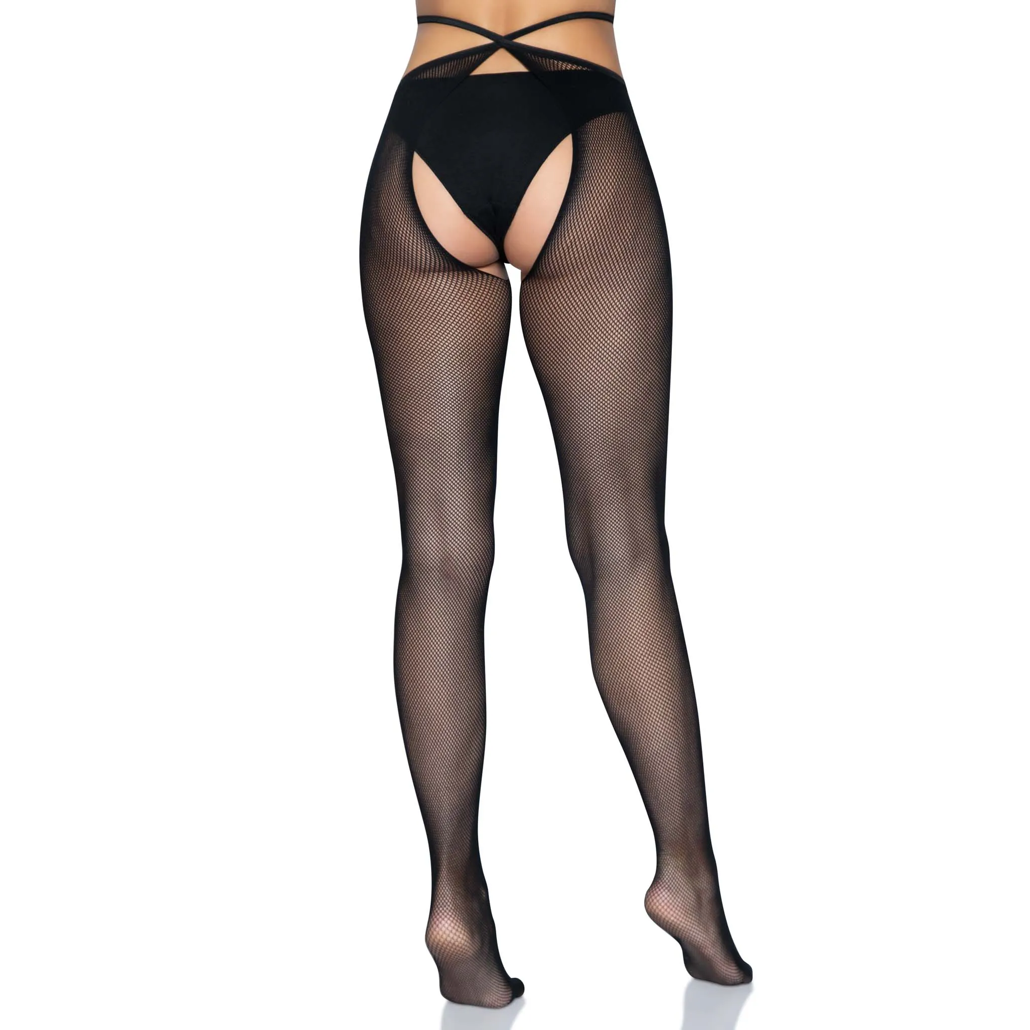 Micro Net Strappy Crotchless Tights - One Size - Black