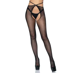 Micro Net Strappy Crotchless Tights - One Size - Black