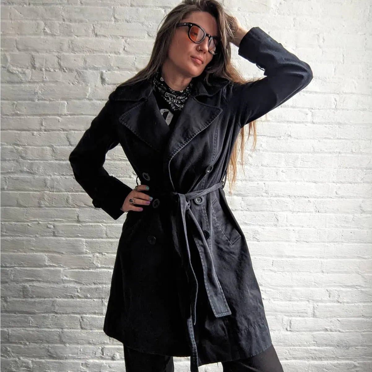 Minimalist Longline Muted Black Dark Academia Dagger Collar Belted Trench Coat