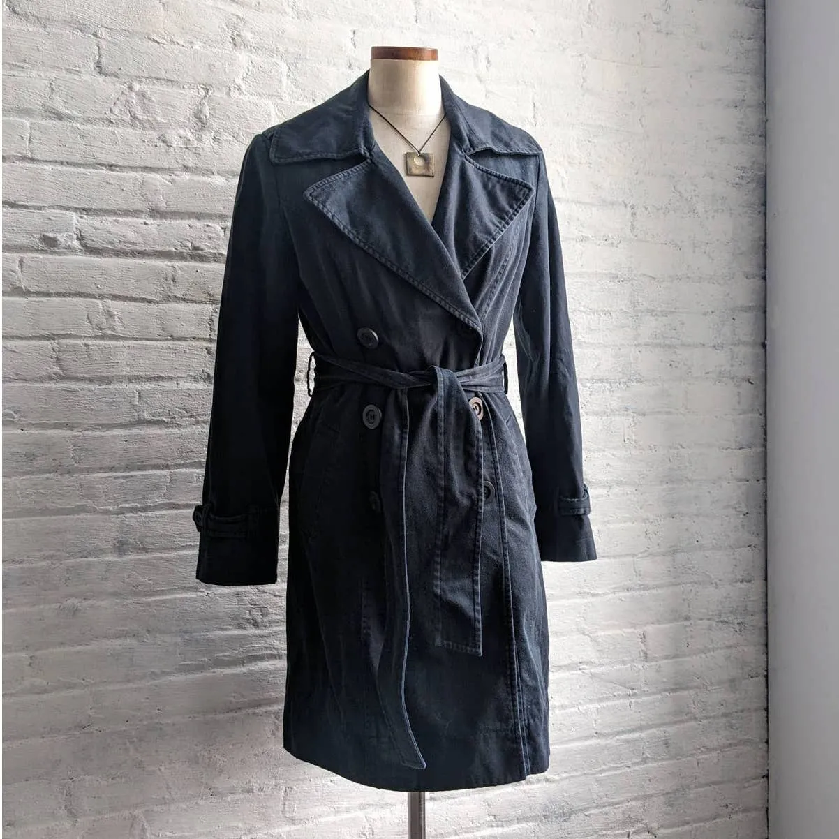 Minimalist Longline Muted Black Dark Academia Dagger Collar Belted Trench Coat