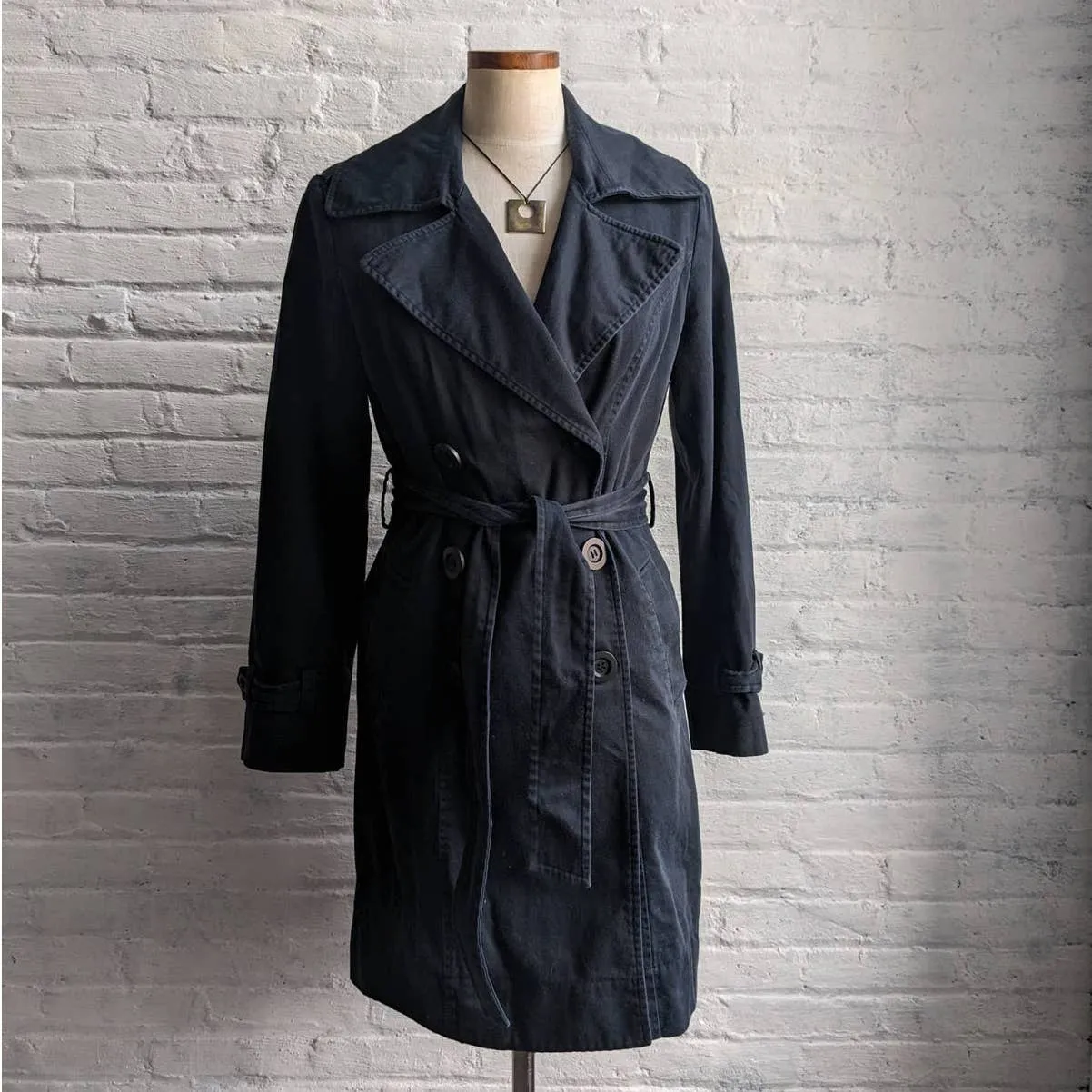 Minimalist Longline Muted Black Dark Academia Dagger Collar Belted Trench Coat