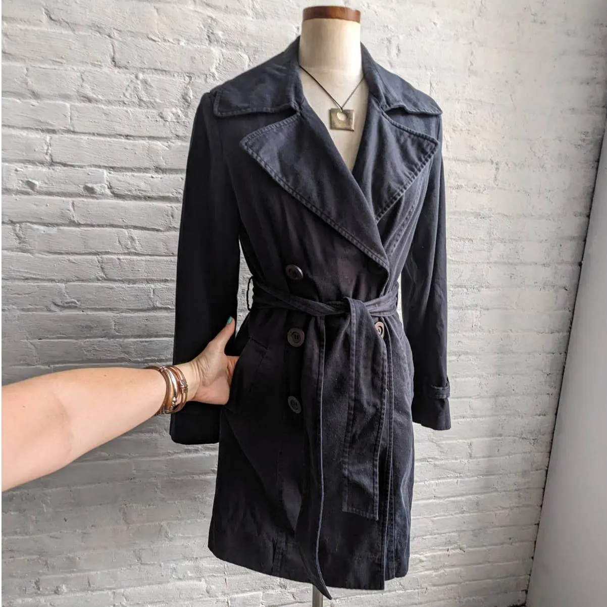 Minimalist Longline Muted Black Dark Academia Dagger Collar Belted Trench Coat