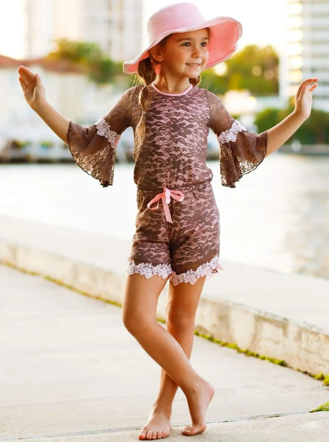 Mocha and Pink Boho Sleeve Lace Romper