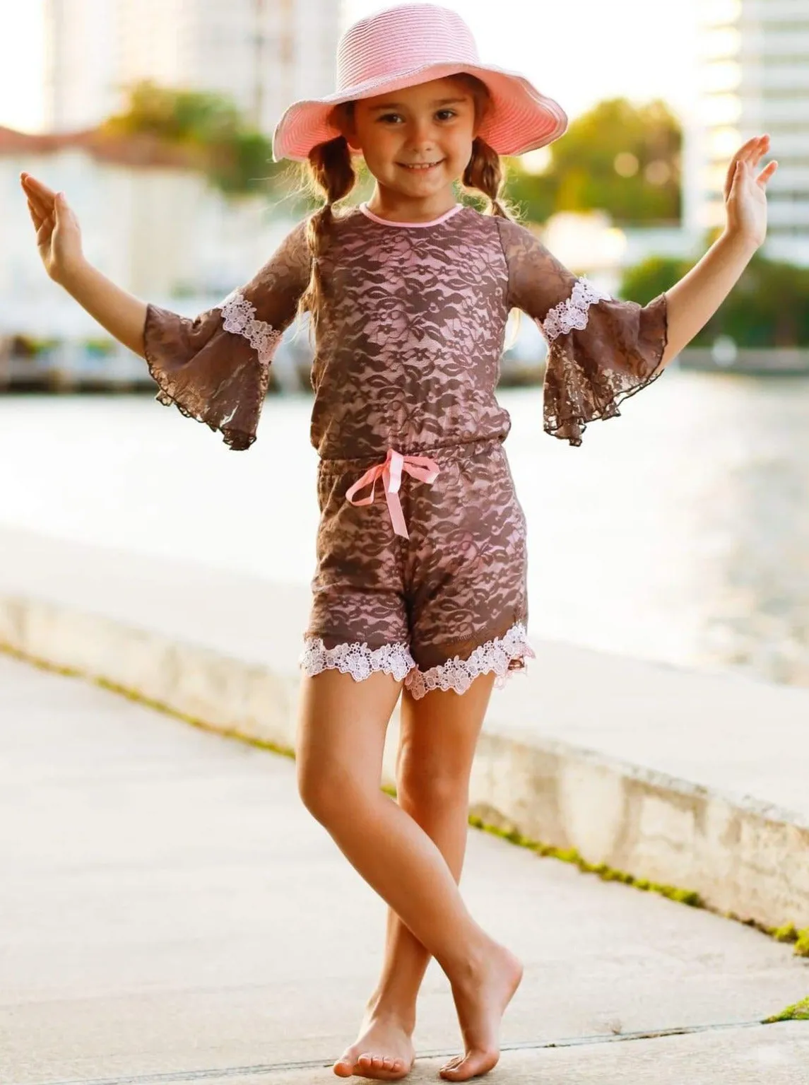 Mocha and Pink Boho Sleeve Lace Romper