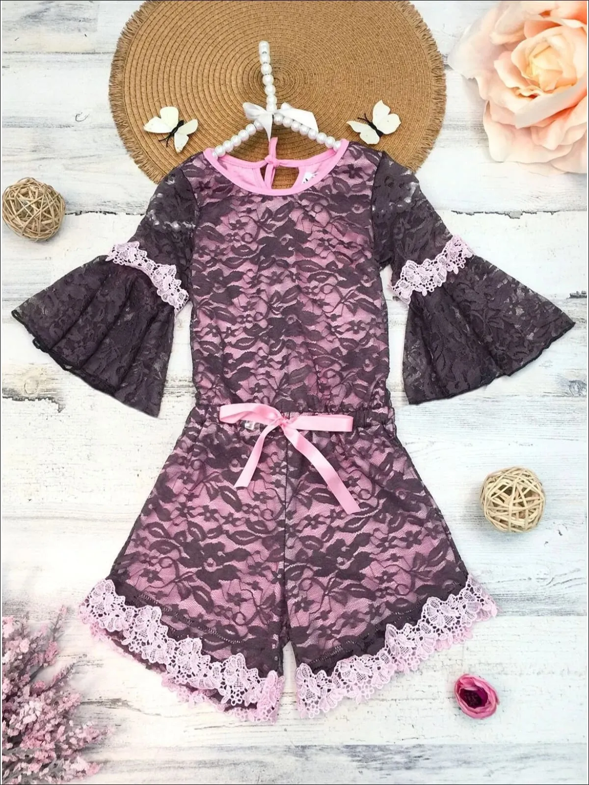 Mocha and Pink Boho Sleeve Lace Romper