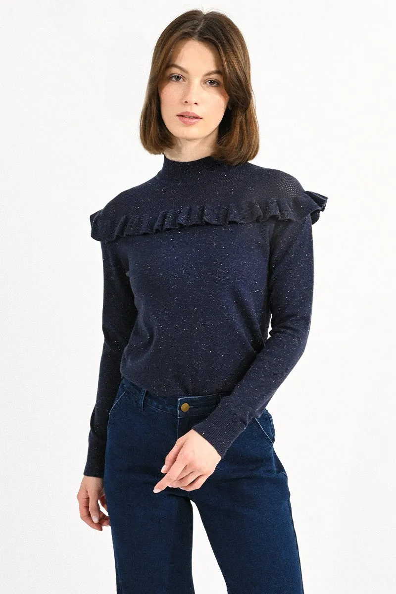 Molly Bracken Navy Blue Openwork Knit Jumper At The Shoulder