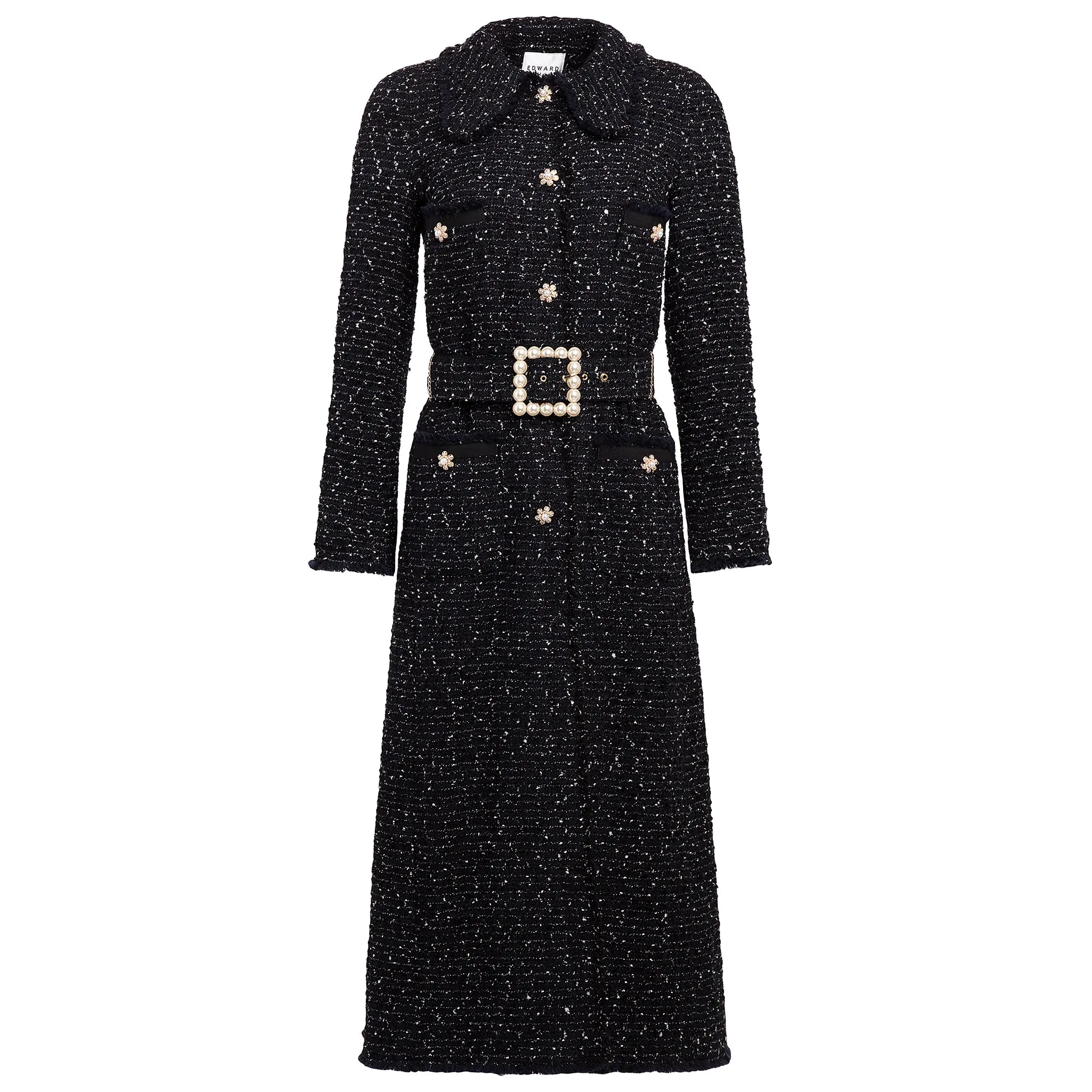 Navy   Black Melange Tweed Belted Trench Coat