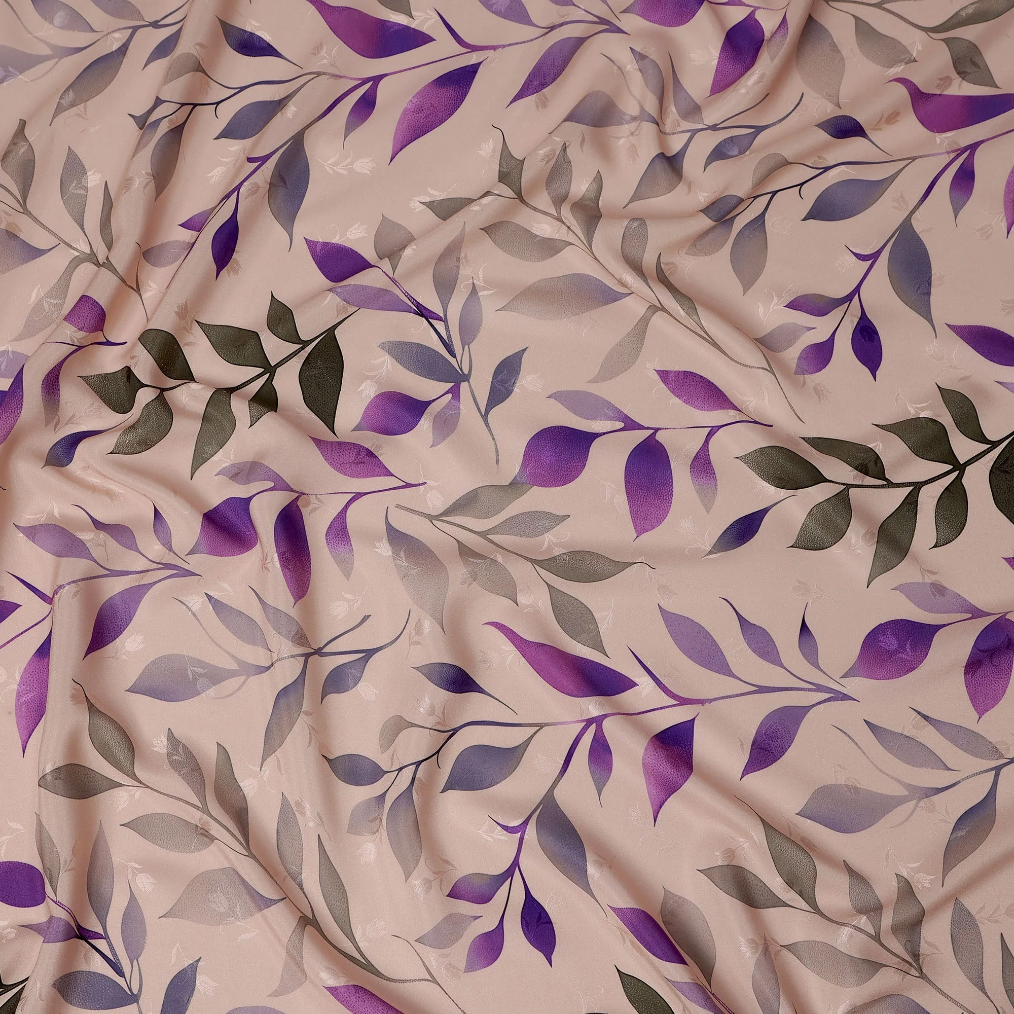 Purple and Gray Leaf Print Pure Silk Satin Fabric, 140 cm Width, Made in Italy -D21161