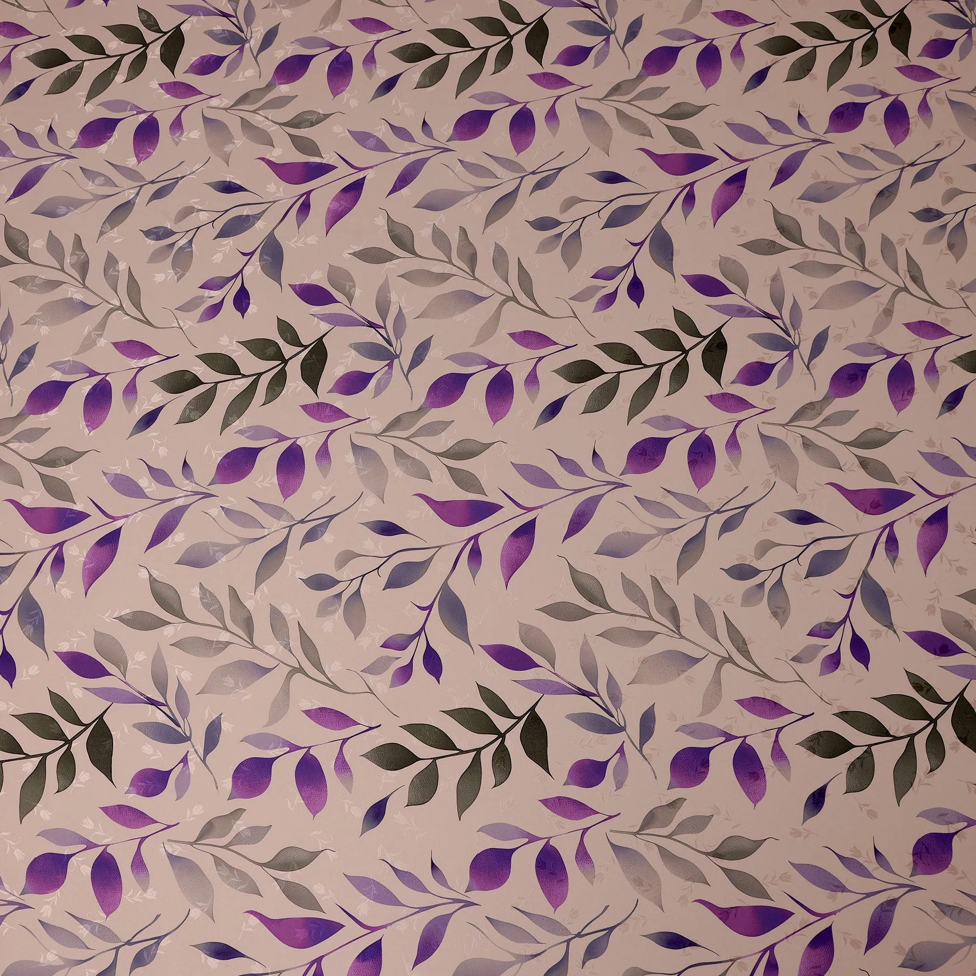 Purple and Gray Leaf Print Pure Silk Satin Fabric, 140 cm Width, Made in Italy -D21161