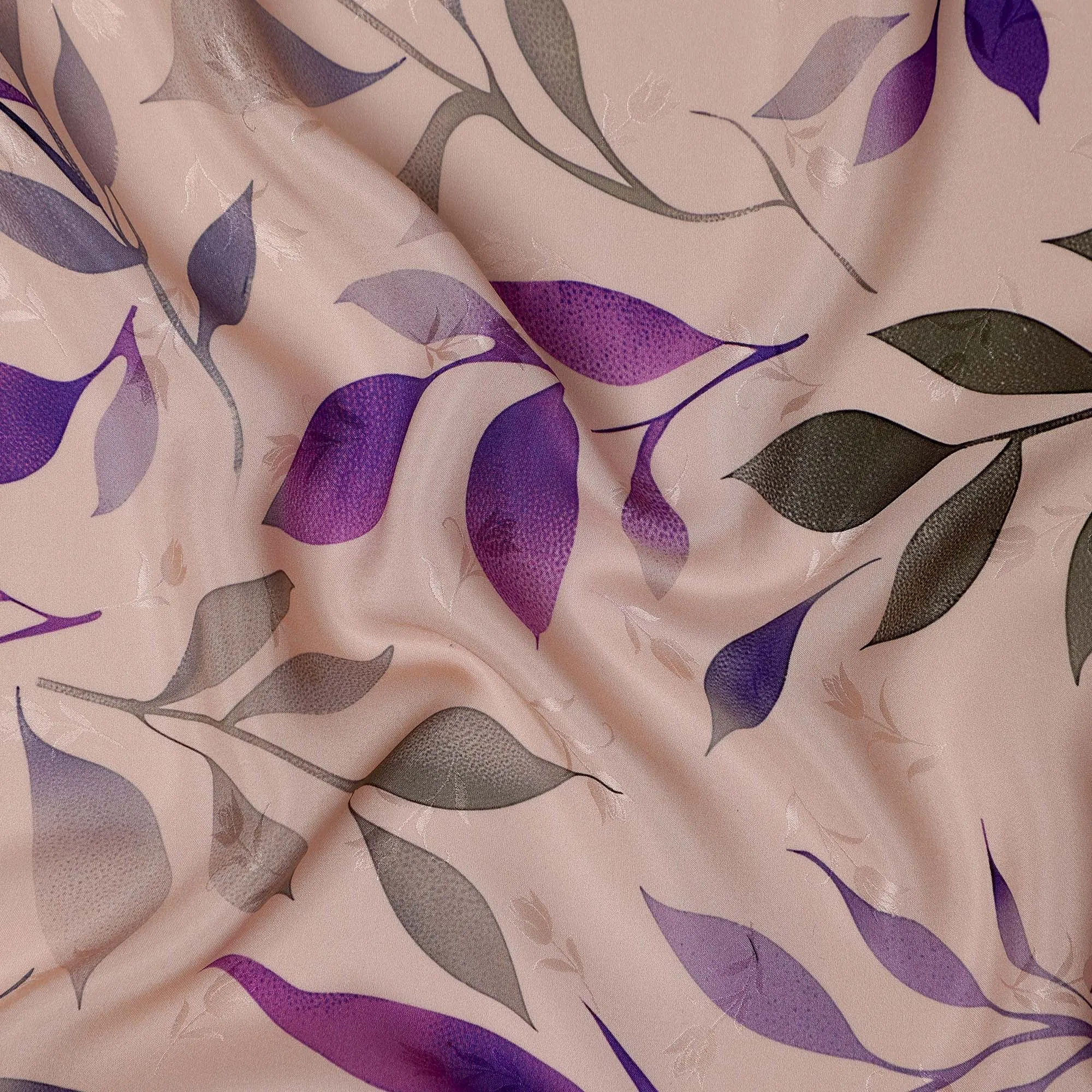 Purple and Gray Leaf Print Pure Silk Satin Fabric, 140 cm Width, Made in Italy -D21161