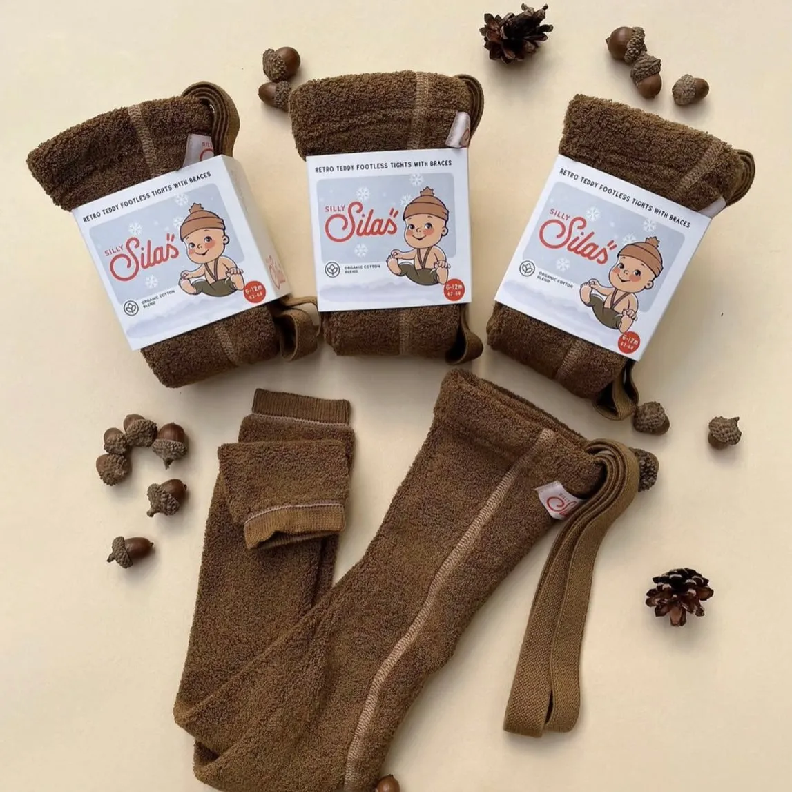 Retro Teddy Footless Tights With Braces - Acorn Brown