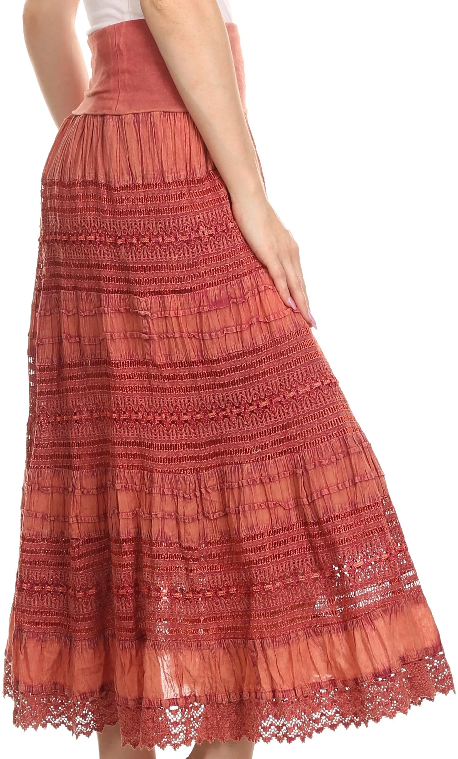 Sakkas Dollra Long Tall Crochet Embroidered Adjustable Waist Ruffle Flare Skirt