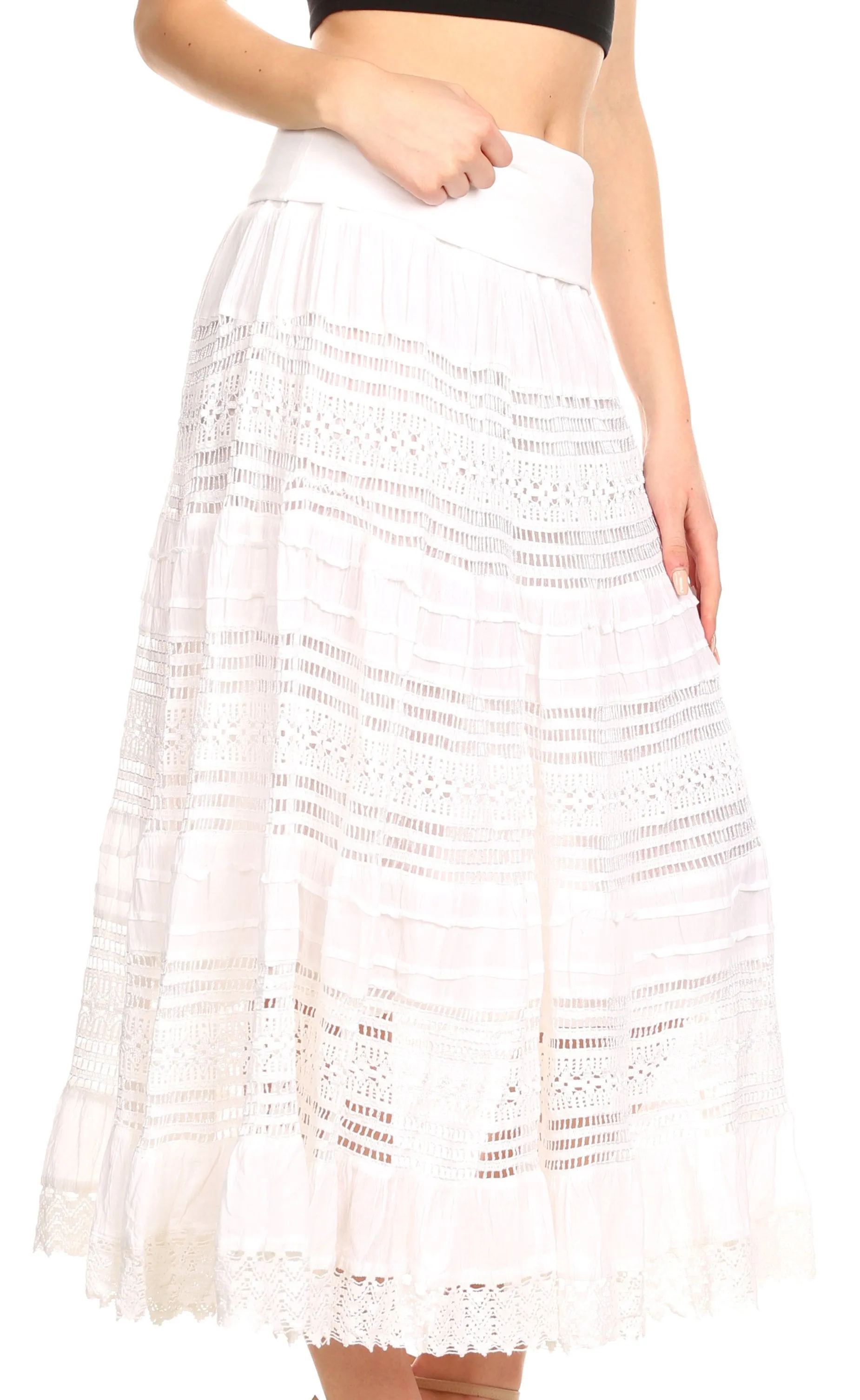 Sakkas Dollra Long Tall Crochet Embroidered Adjustable Waist Ruffle Flare Skirt