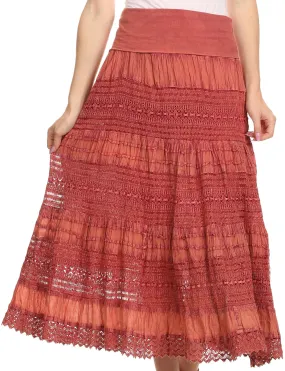 Sakkas Dollra Long Tall Crochet Embroidered Adjustable Waist Ruffle Flare Skirt