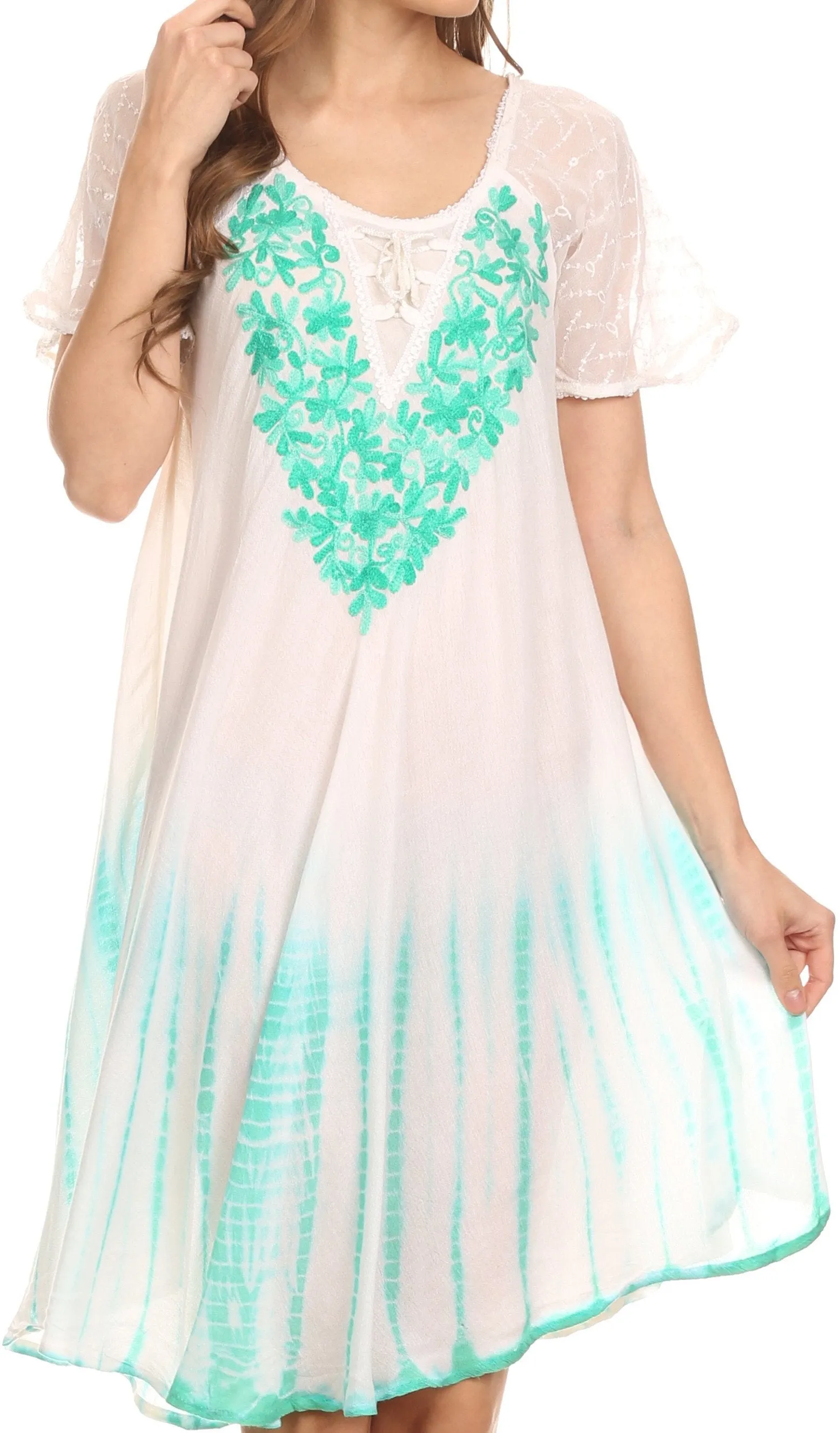 Sakkas Francea Mid Length Caftan Embroidered Cap Sleeves Dress / Cover Up