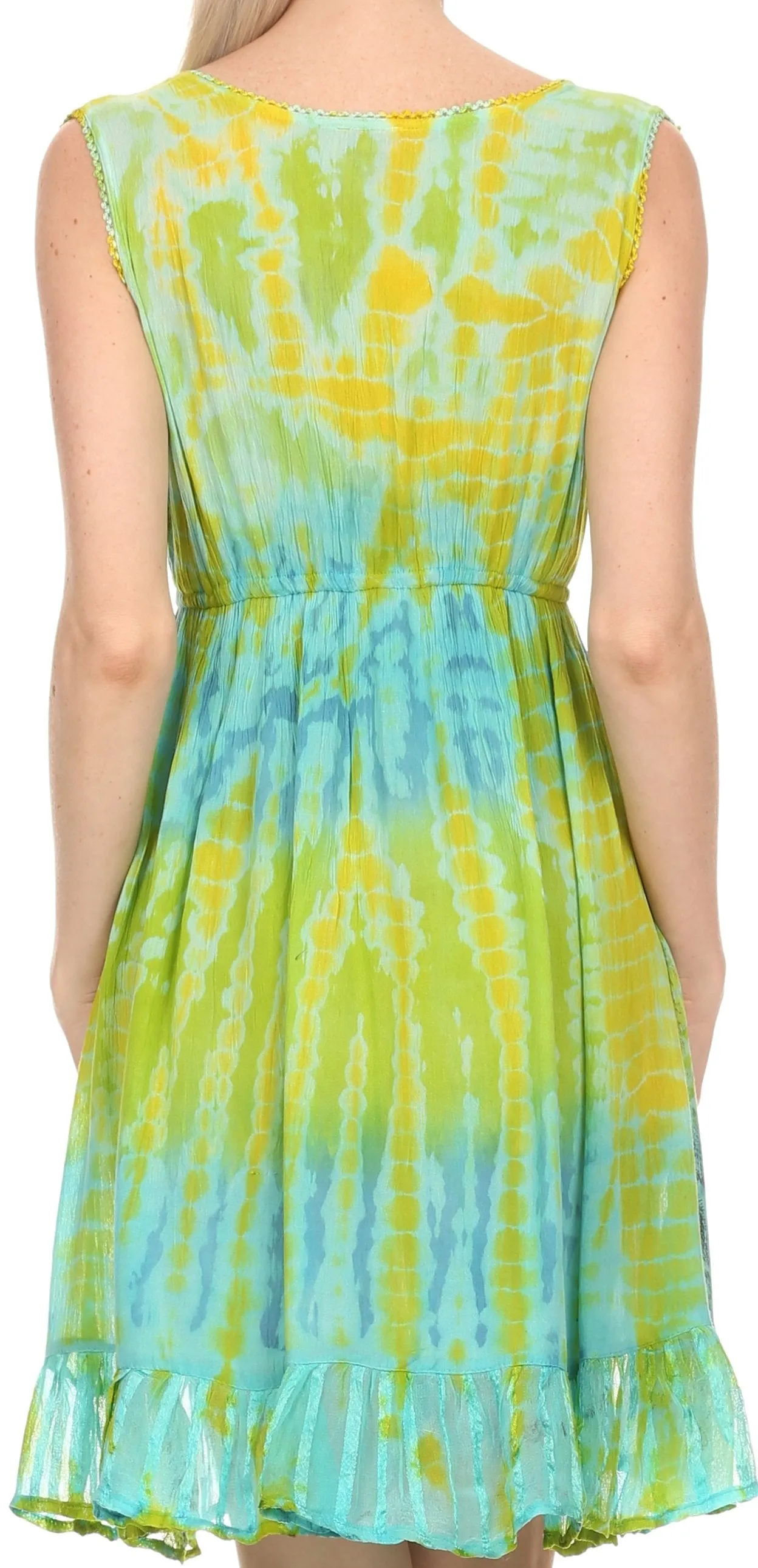 Sakkas Ganya Mid Length Ruffled Bottom Sleeveless Ombre Tie Dye Wash Batik Dress