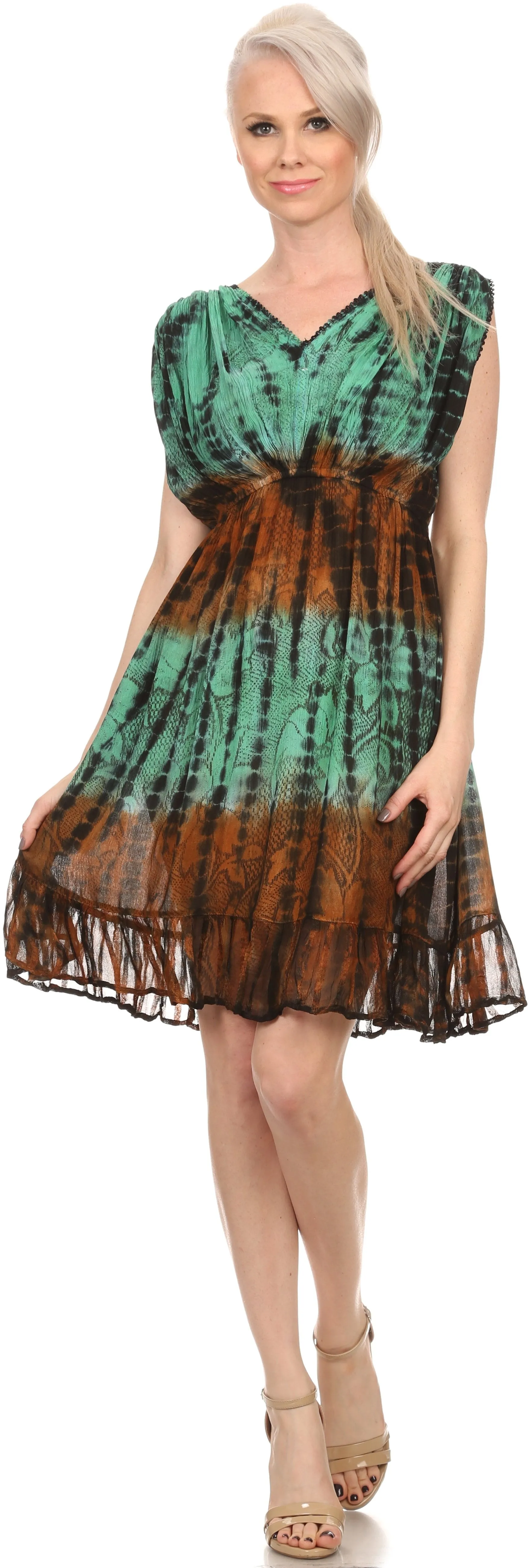 Sakkas Ganya Mid Length Ruffled Bottom Sleeveless Ombre Tie Dye Wash Batik Dress