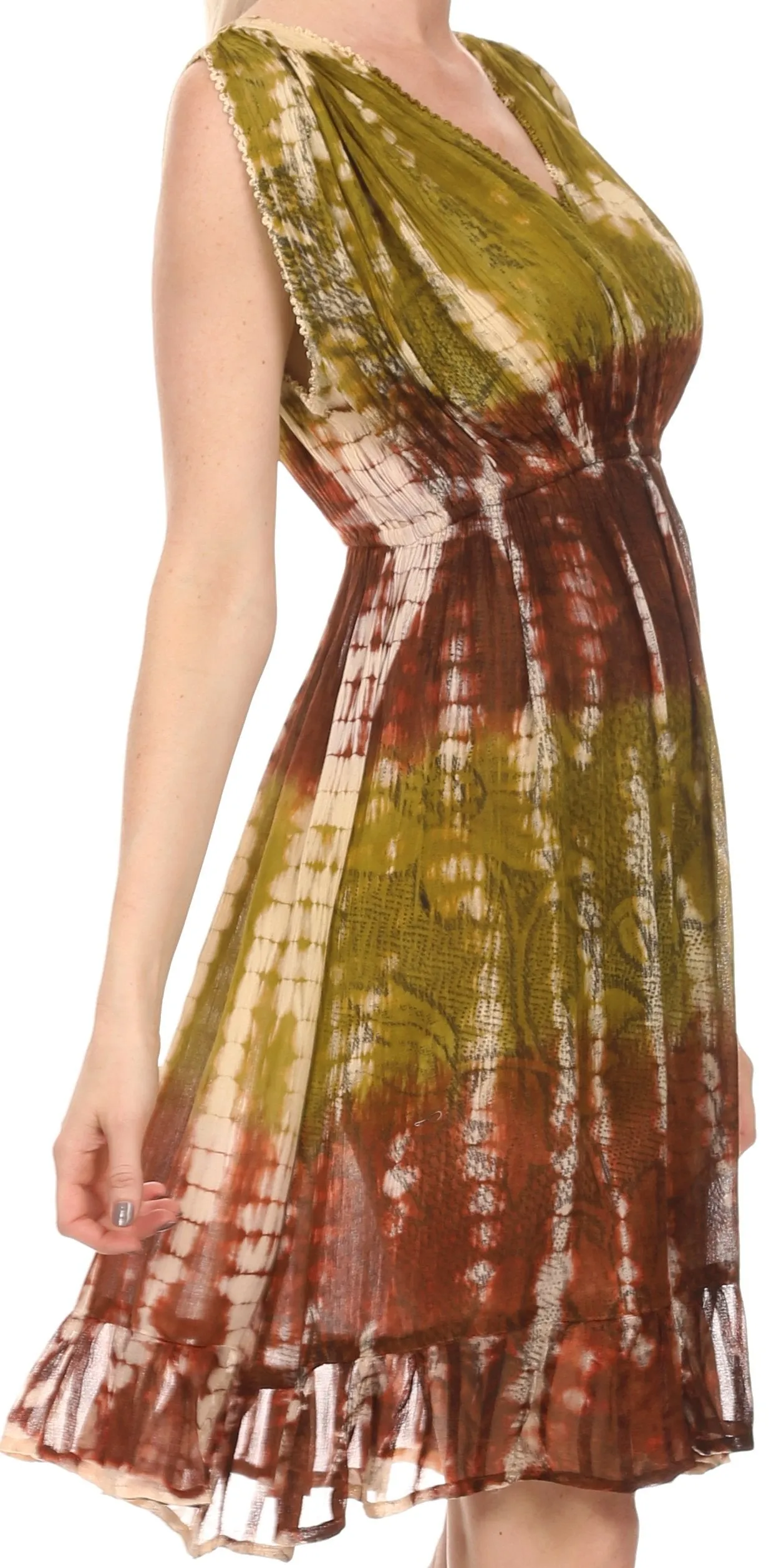 Sakkas Ganya Mid Length Ruffled Bottom Sleeveless Ombre Tie Dye Wash Batik Dress