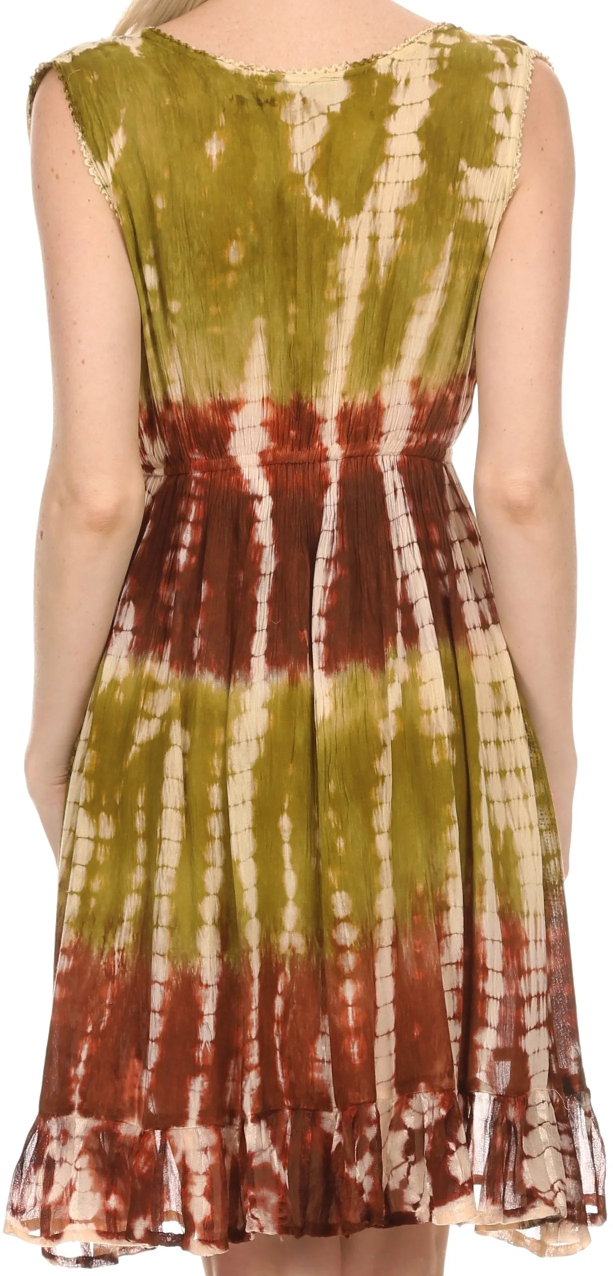 Sakkas Ganya Mid Length Ruffled Bottom Sleeveless Ombre Tie Dye Wash Batik Dress