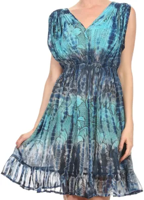 Sakkas Ganya Mid Length Ruffled Bottom Sleeveless Ombre Tie Dye Wash Batik Dress