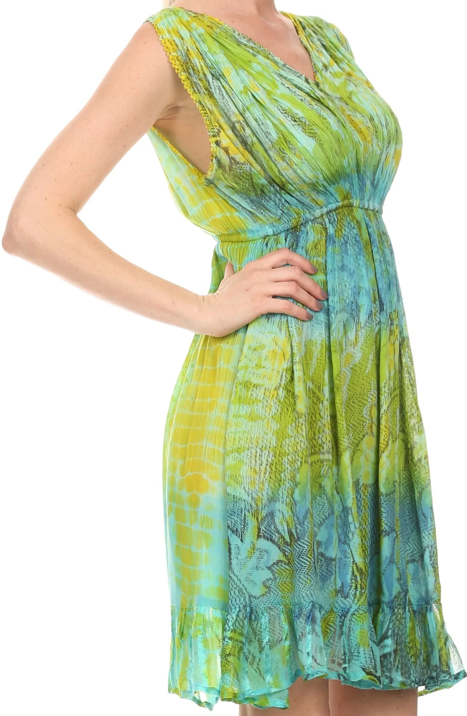 Sakkas Ganya Mid Length Ruffled Bottom Sleeveless Ombre Tie Dye Wash Batik Dress