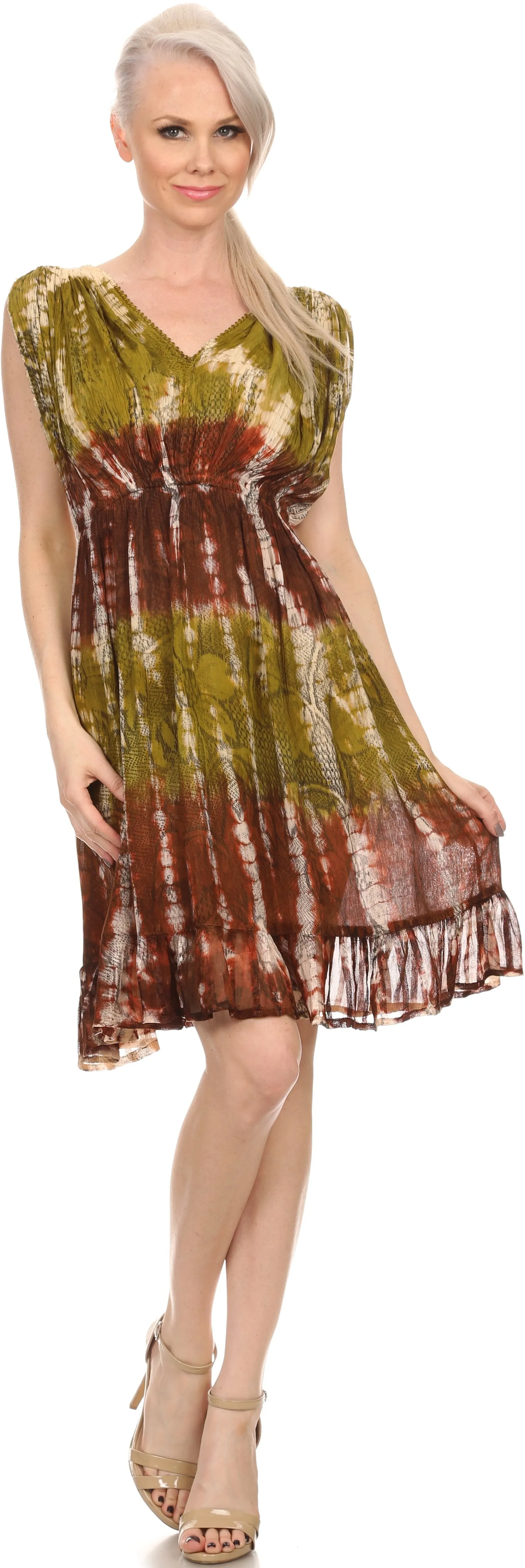 Sakkas Ganya Mid Length Ruffled Bottom Sleeveless Ombre Tie Dye Wash Batik Dress