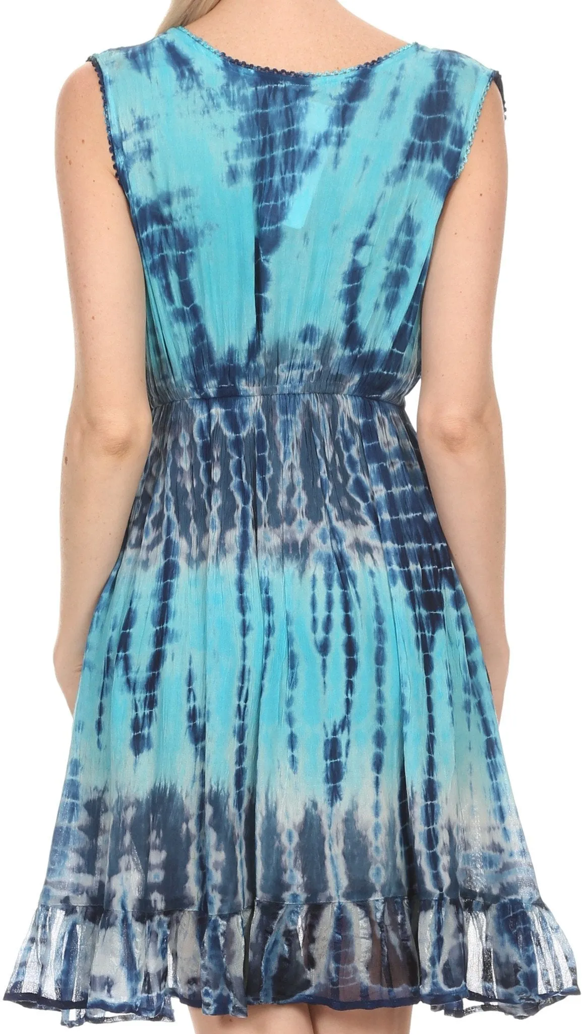 Sakkas Ganya Mid Length Ruffled Bottom Sleeveless Ombre Tie Dye Wash Batik Dress