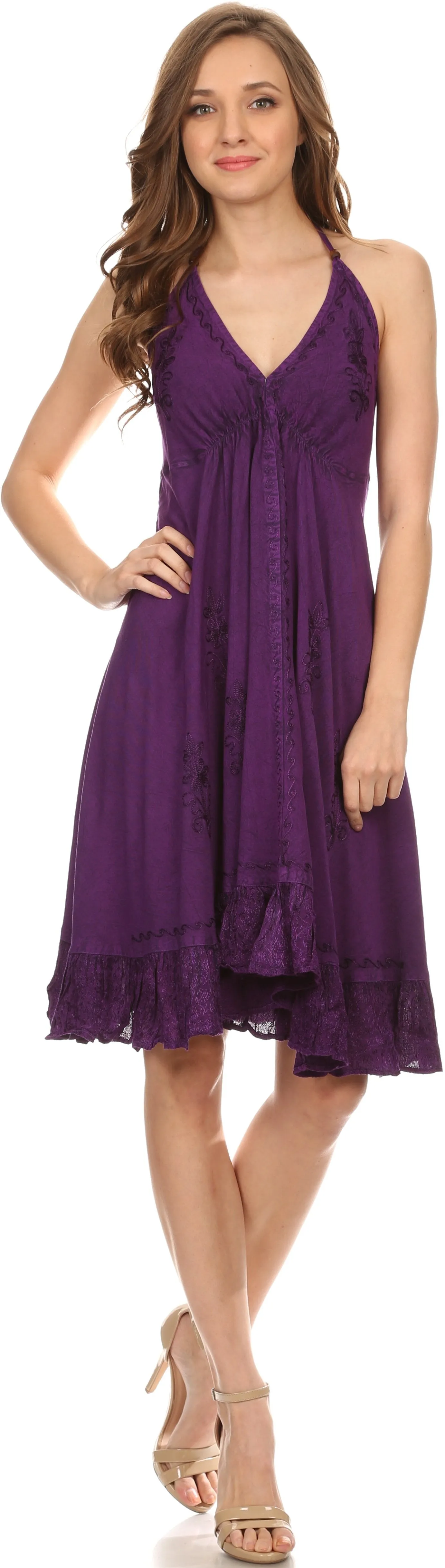 Sakkas Jia Stonewashed Embroidered Handkerchief Hem Halter Dress With Beads