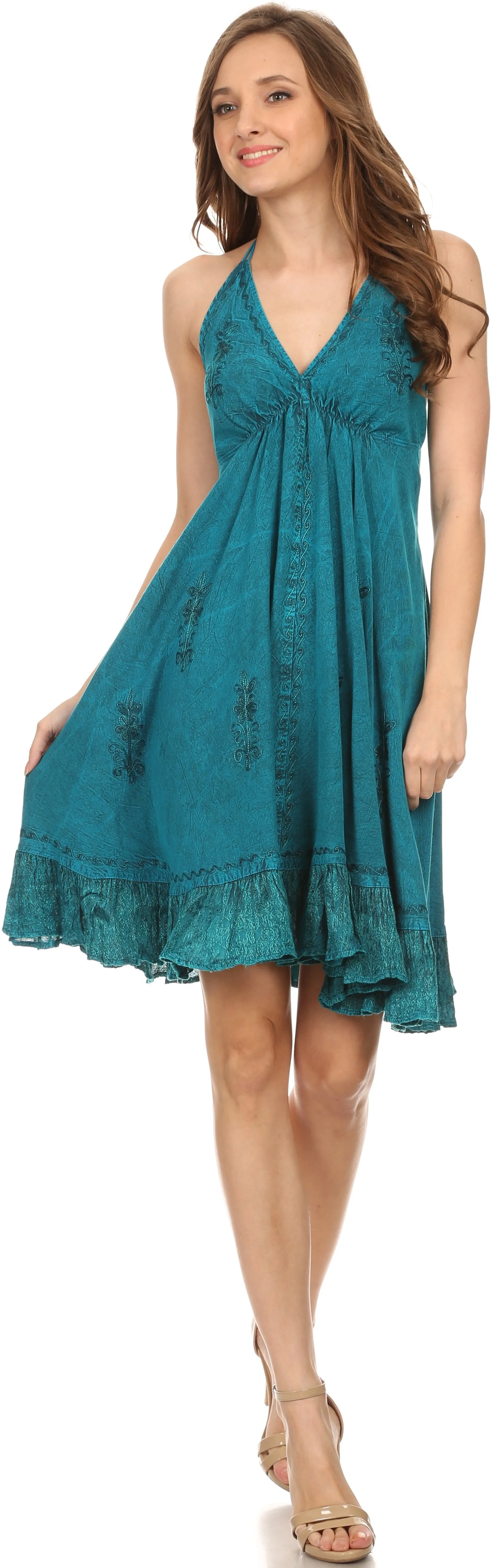 Sakkas Jia Stonewashed Embroidered Handkerchief Hem Halter Dress With Beads