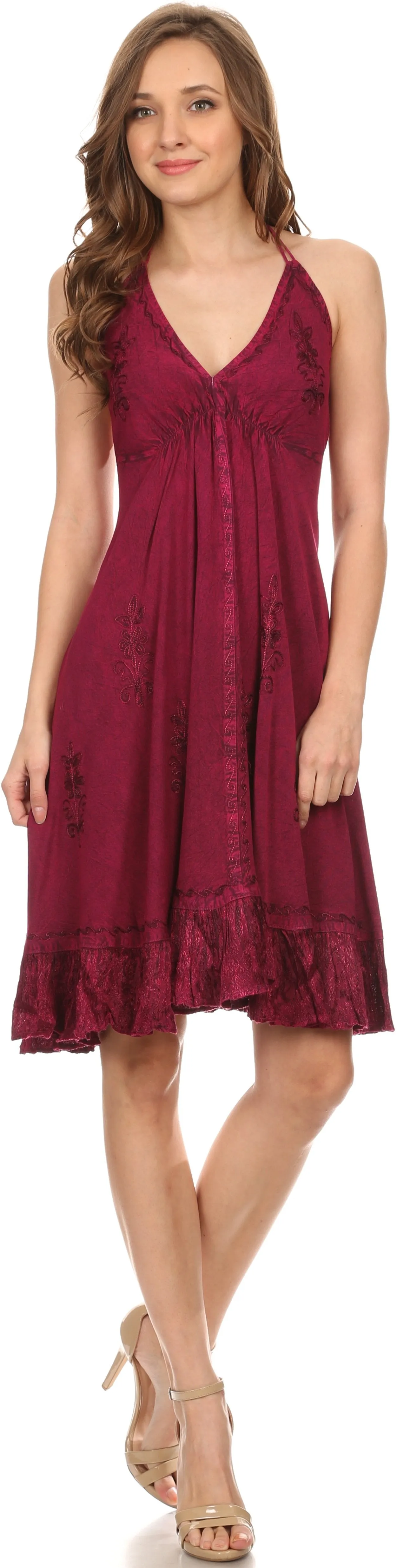 Sakkas Jia Stonewashed Embroidered Handkerchief Hem Halter Dress With Beads