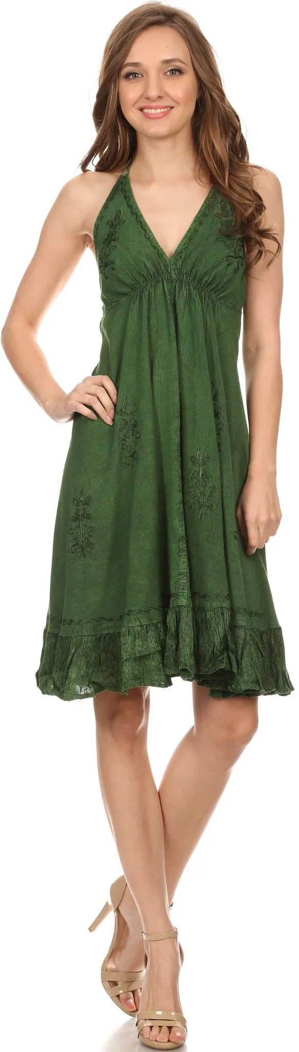 Sakkas Jia Stonewashed Embroidered Handkerchief Hem Halter Dress With Beads