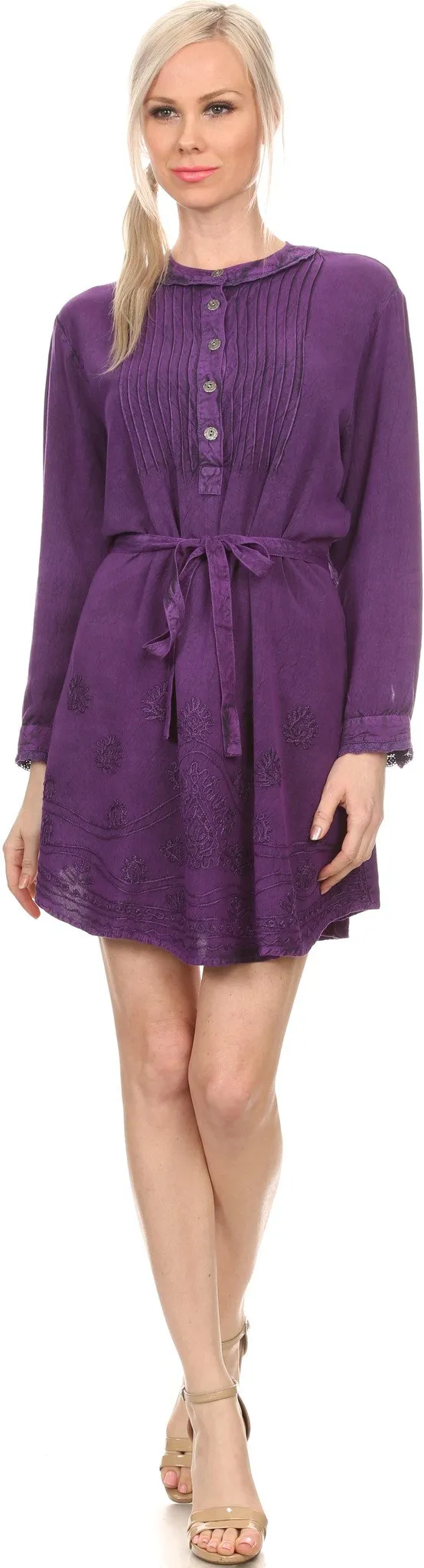 Sakkas Leslie Henley Long Sleeve Crochet Cuffed Embroidered Adjustable Tie Dress