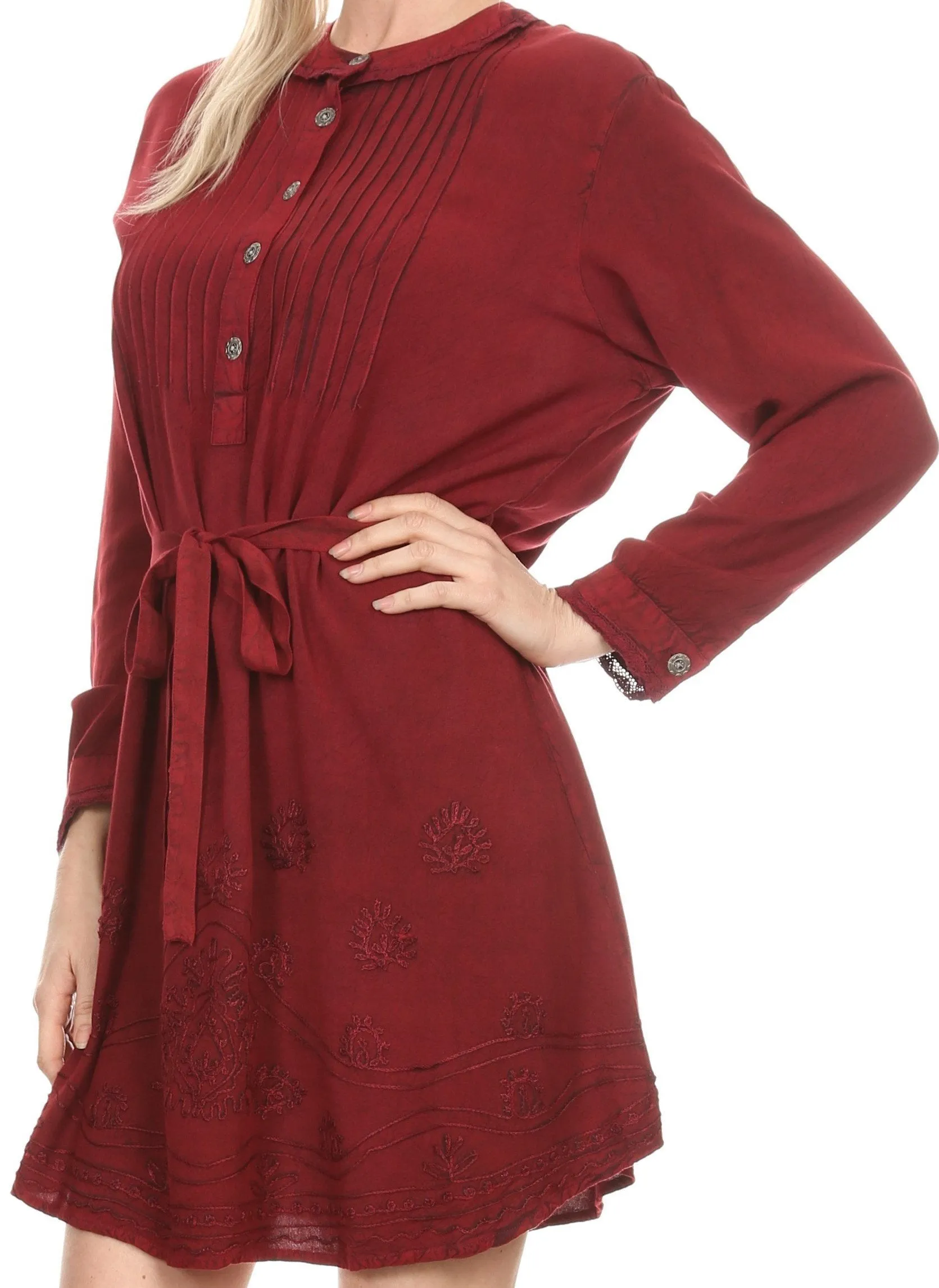 Sakkas Leslie Henley Long Sleeve Crochet Cuffed Embroidered Adjustable Tie Dress