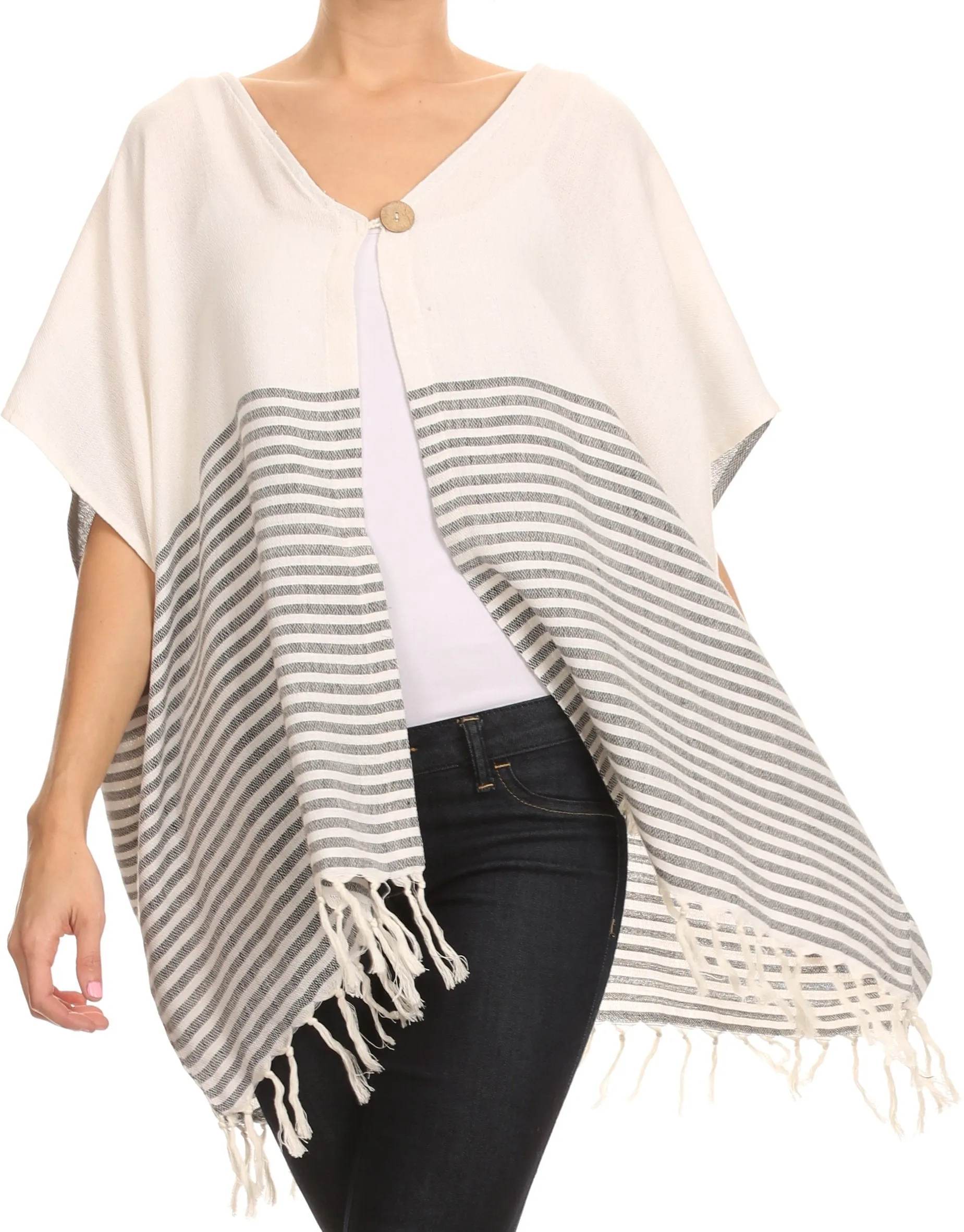 Sakkas Lisk Wide Mid Length Square Knit Fringe Open Button Up Shrug Cover Wrap