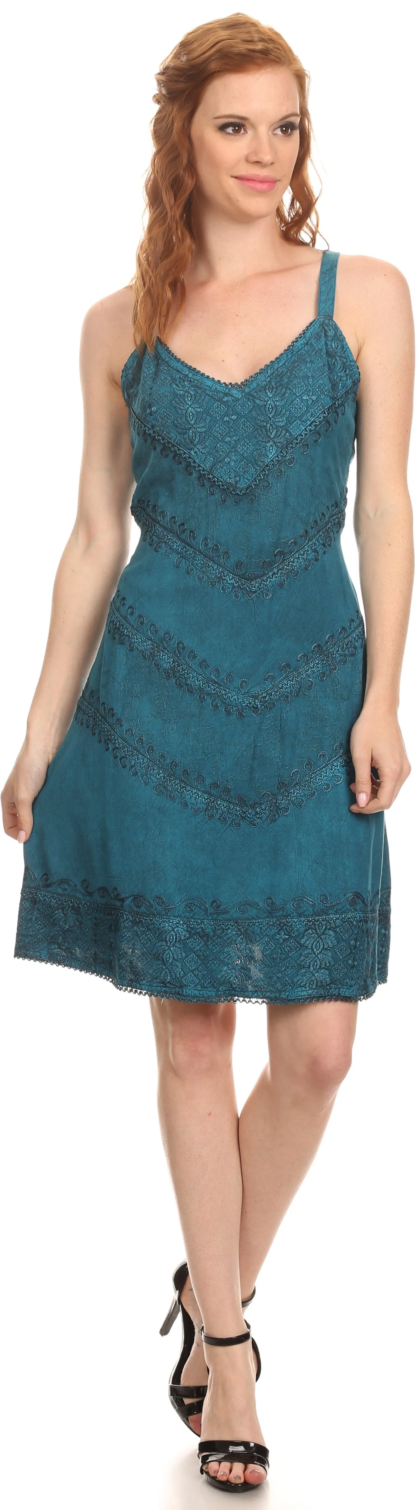 Sakkas Rhyder Mid Strapless Spaghetti Strap Adjustable Embroidered Batik Dress