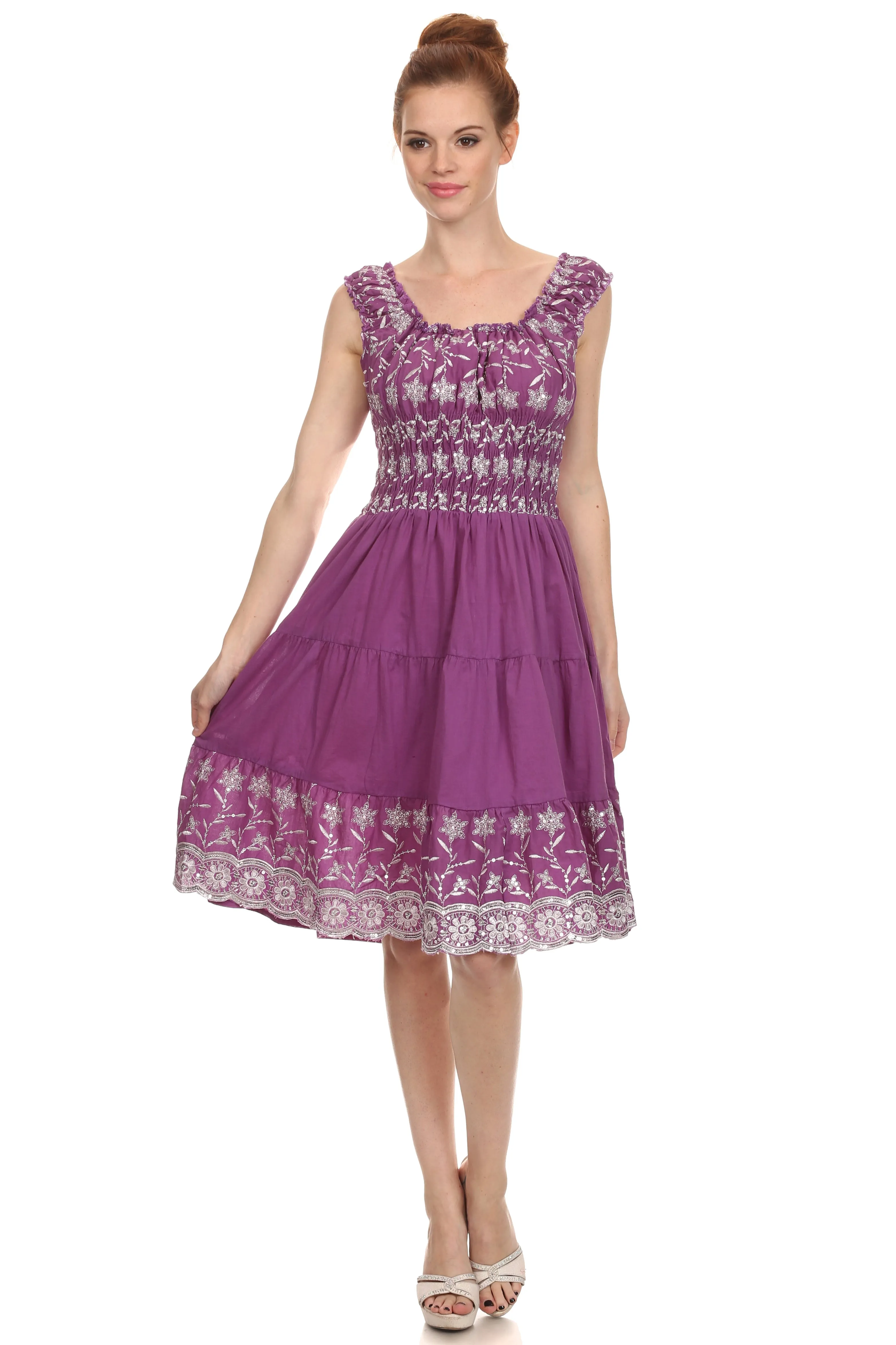 Sakkas Women's Gwendolyn Sequin Embroidered Smocked Bodice Peasant Dress