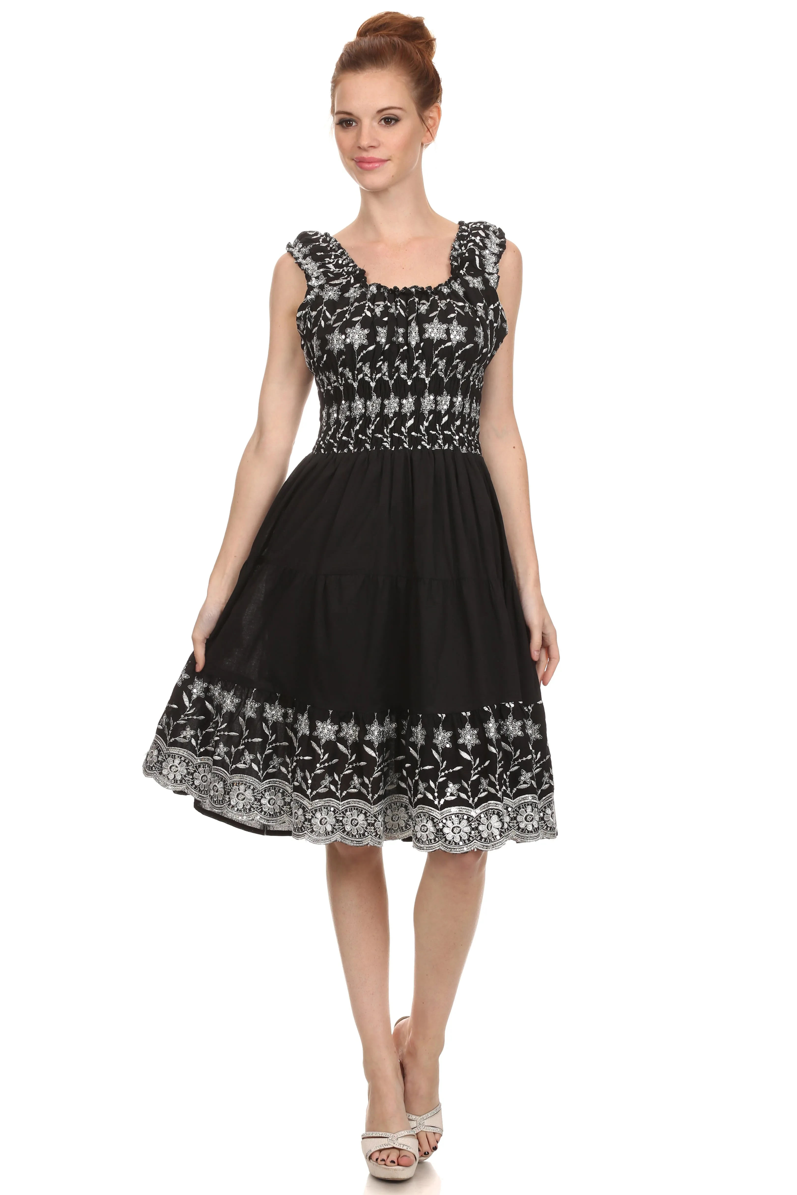 Sakkas Women's Gwendolyn Sequin Embroidered Smocked Bodice Peasant Dress