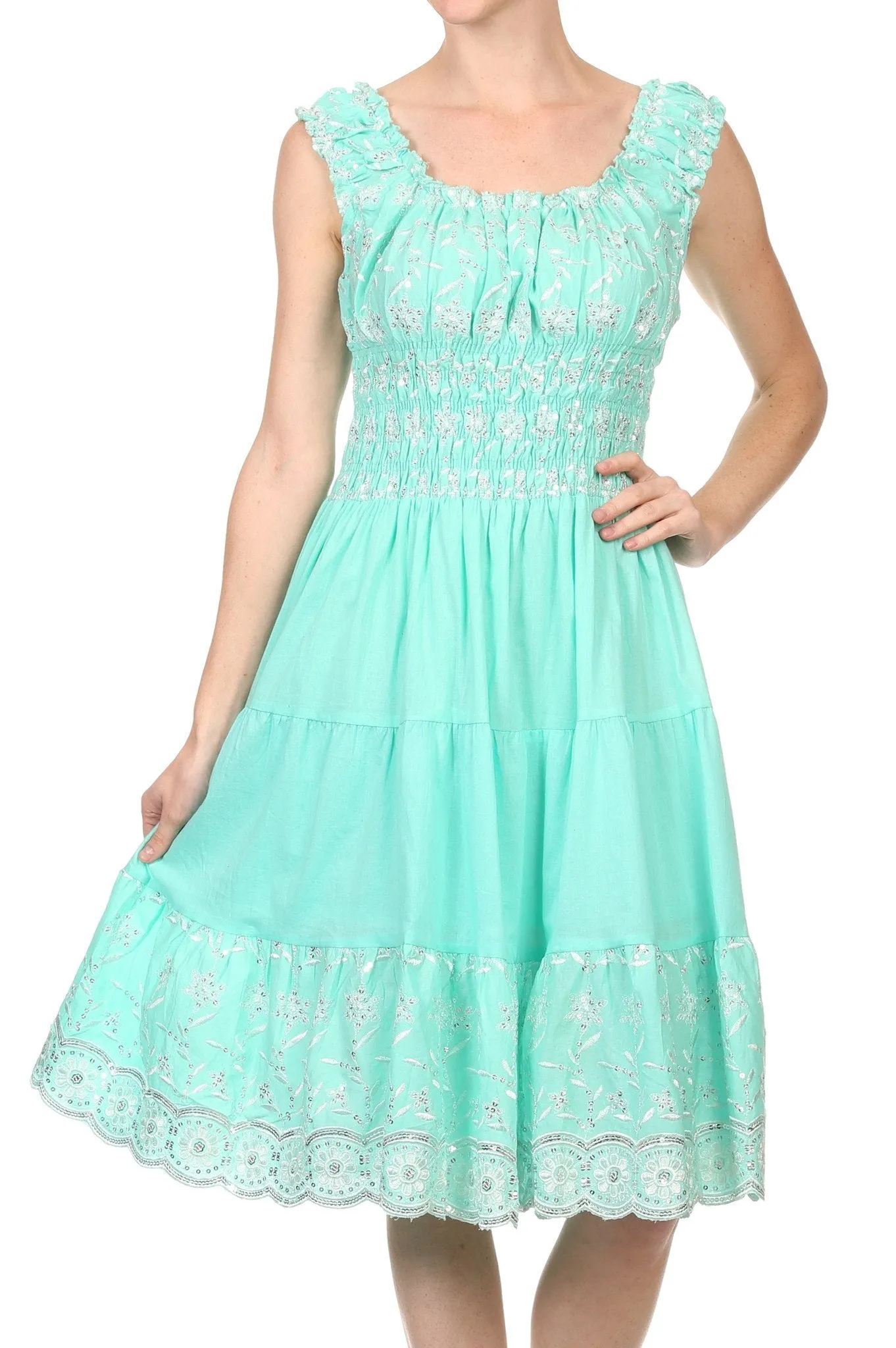 Sakkas Women's Gwendolyn Sequin Embroidered Smocked Bodice Peasant Dress