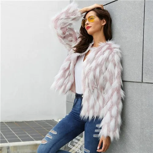 Sheinside Elegant Women Colorblock Faux Fur Crop Teddy Coat 2018 New Autumn Winter Workwear Casual Office Ladies Outerwear