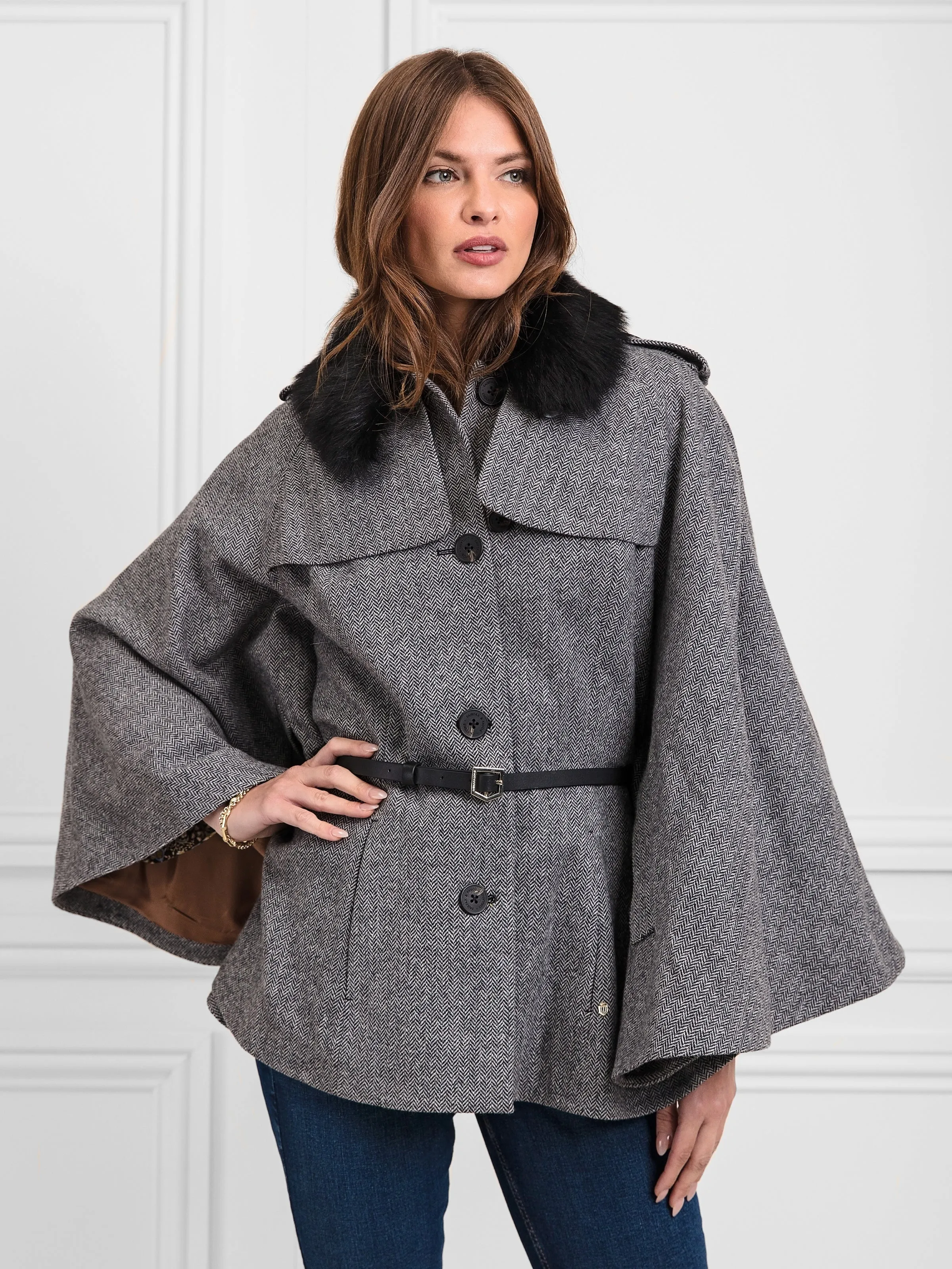 Sienna Wool Cape - Monochrome Herringbone