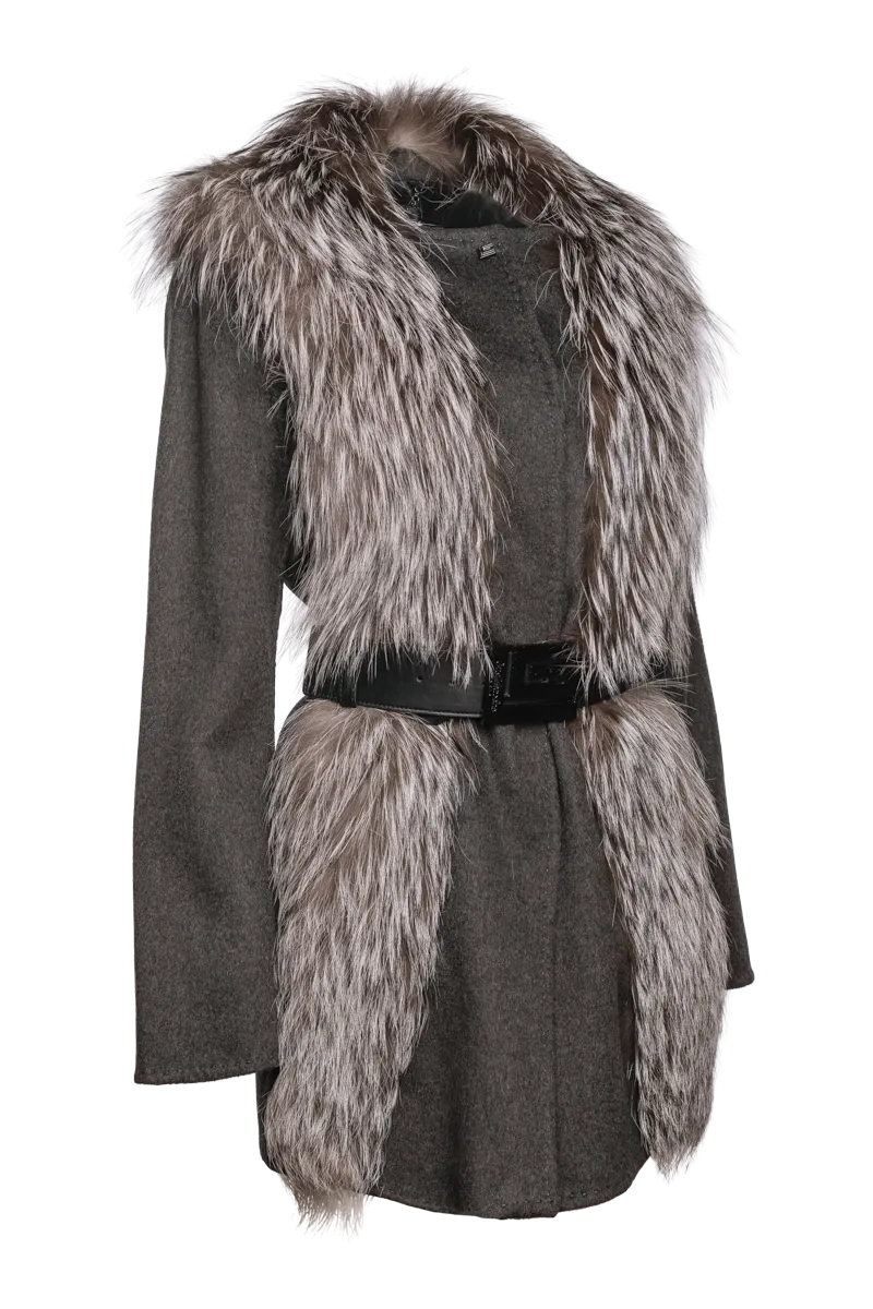 Silver Fox & Charcoal Gray Mid-Length Cashmere Coat