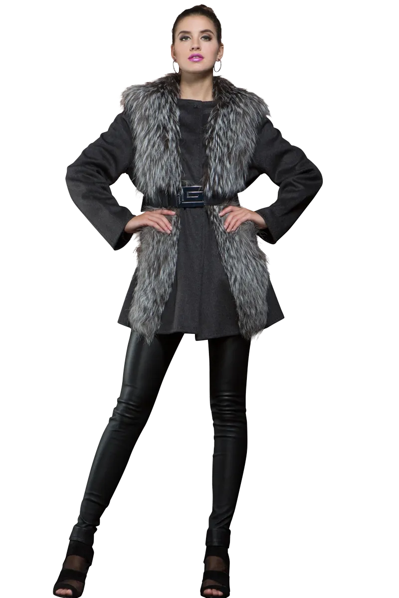 Silver Fox & Charcoal Gray Mid-Length Cashmere Coat