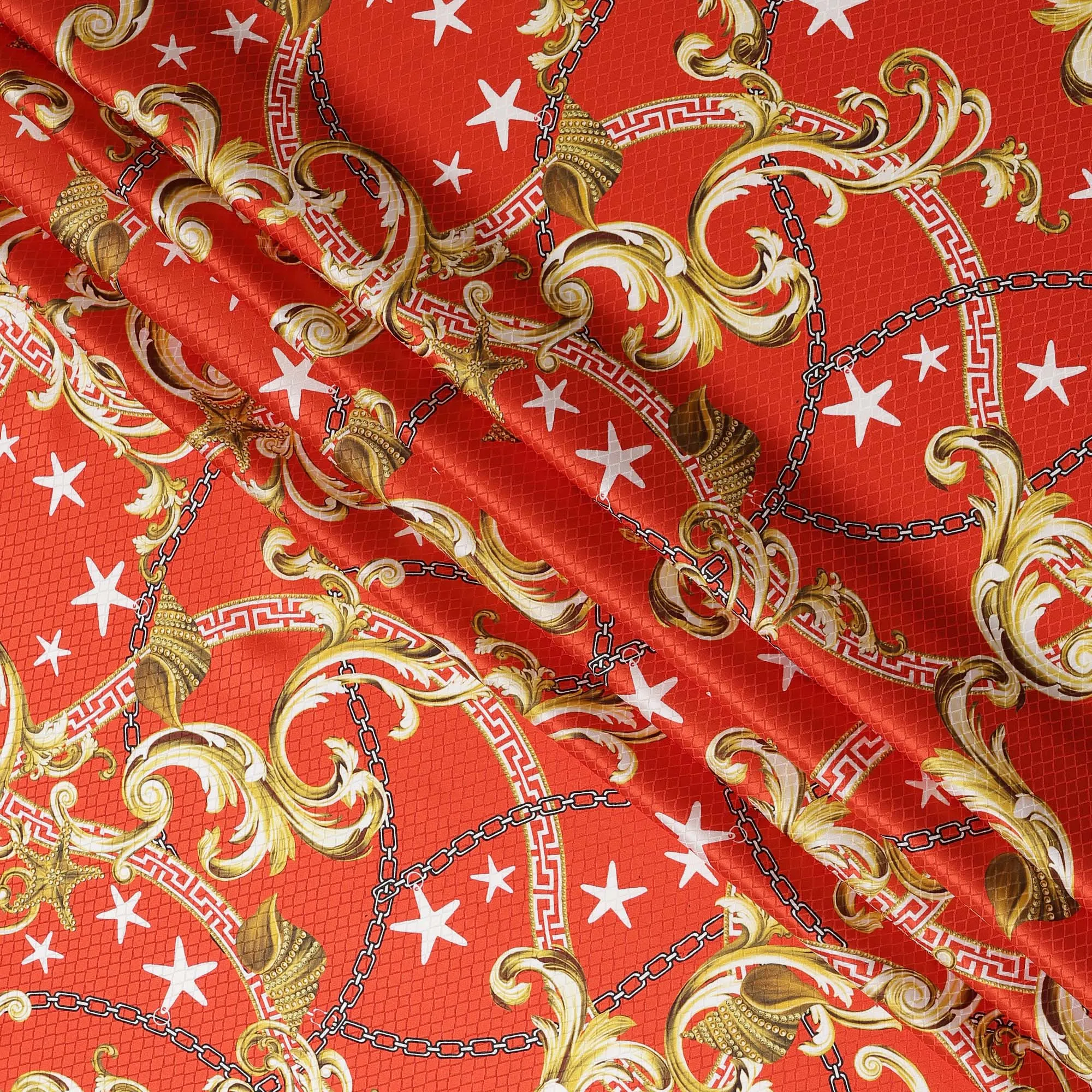 South Korean Silk Satin Jacquard Fabric with Baroque and Star Design on Vibrant Red Background – 150 cm Width-D20340