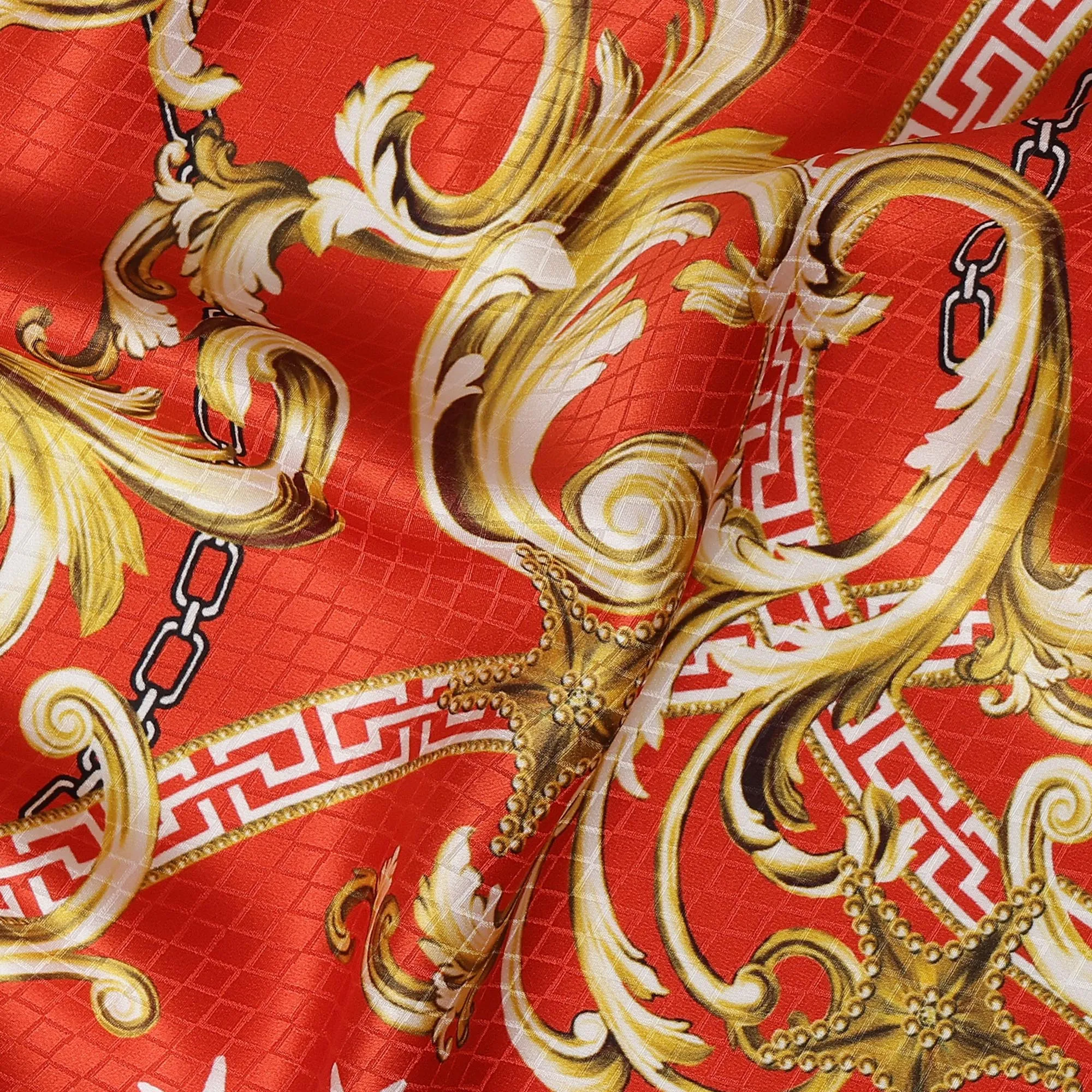 South Korean Silk Satin Jacquard Fabric with Baroque and Star Design on Vibrant Red Background – 150 cm Width-D20340