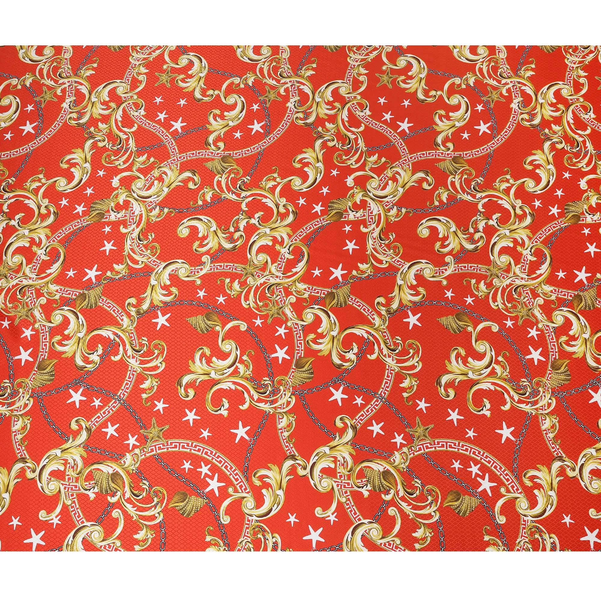 South Korean Silk Satin Jacquard Fabric with Baroque and Star Design on Vibrant Red Background – 150 cm Width-D20340