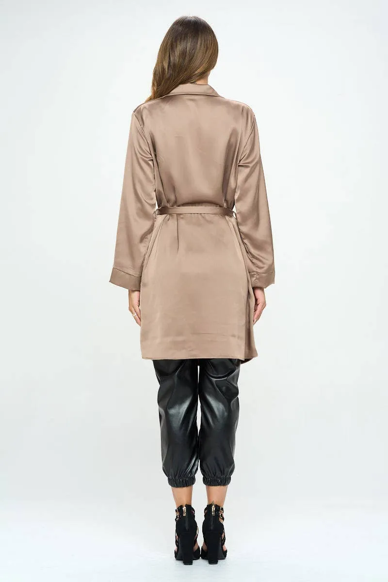 Stretch Satin Open Front Trench Coat with Tie