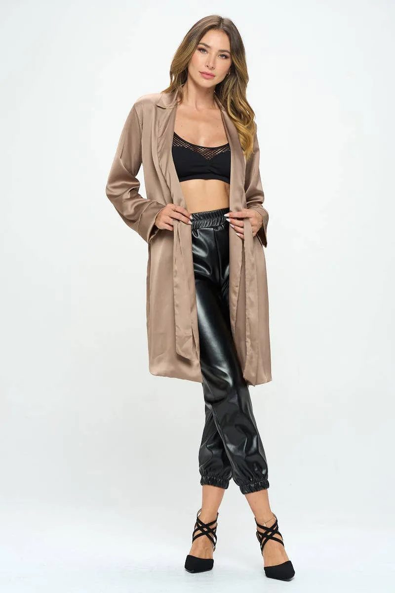 Stretch Satin Open Front Trench Coat with Tie