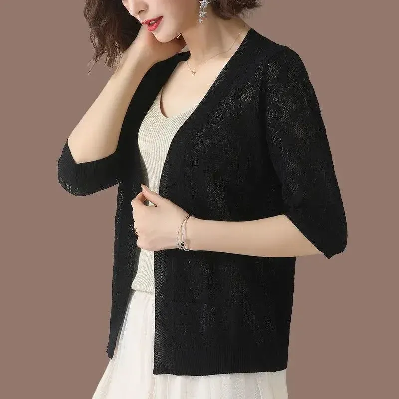 Summer Oversized Knit Cardigan Jackets Half Sleeve Lace Knitwears Coats Korean Elegant Trendy Hollow Out Sunscreen Tops